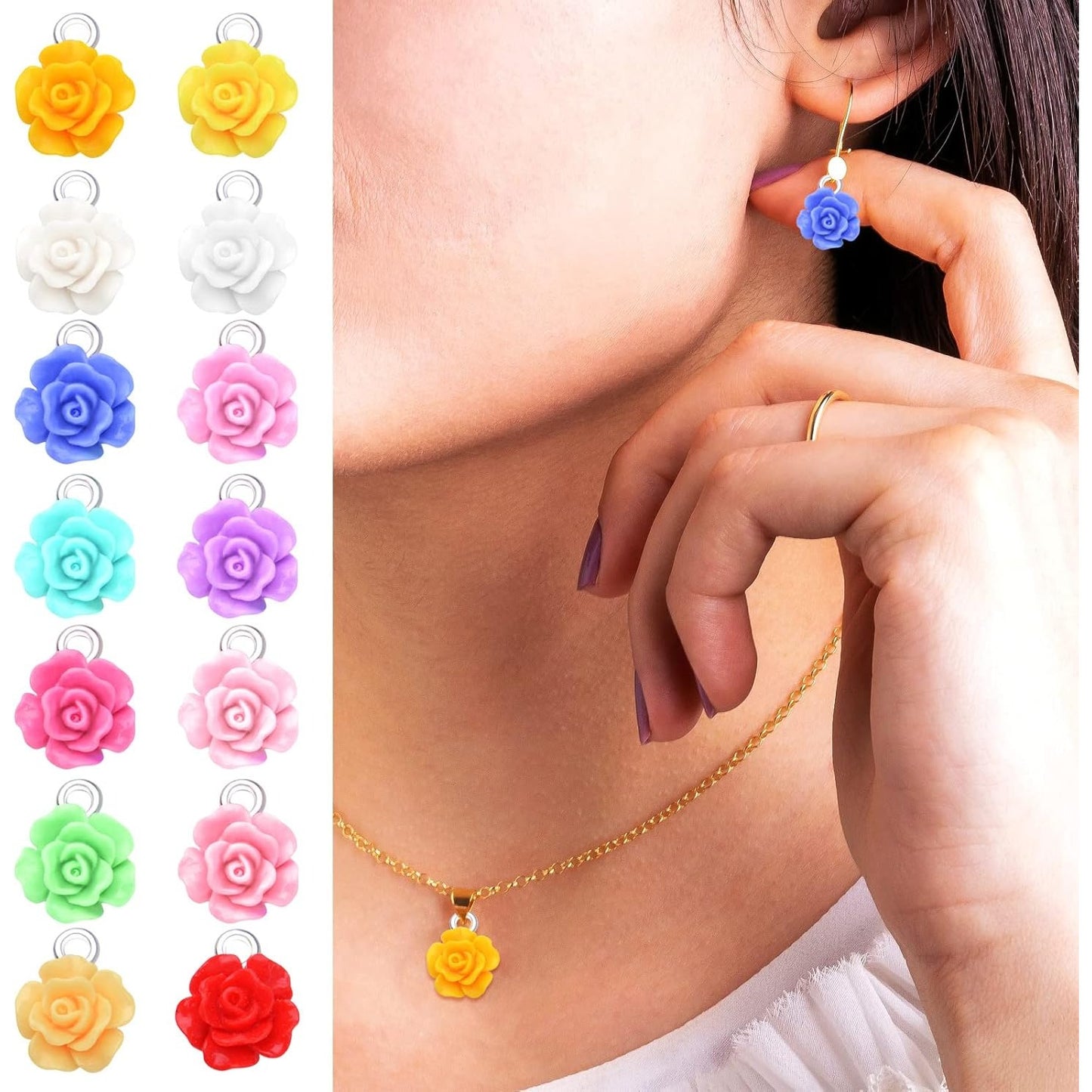 50pcs 10 mm Mixed Colors Resin Rose Flower Pendant Charms Lovely Flower Bead Charms Jewelry Making Accessories for DIY Craft Earrings Necklace Bracelet Birthday Party Favor Gifts