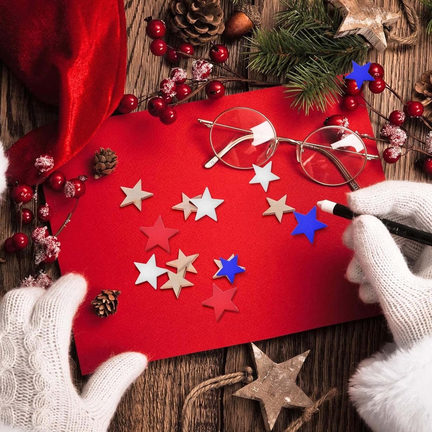 30pcs Blank Wooden Stars Decorations Natutal Wood Star Shape Ornaments Cutouts Stars Wood Slice Pieces for Craft Projects Christmas Party Wedding Decor, Red/White/Blue