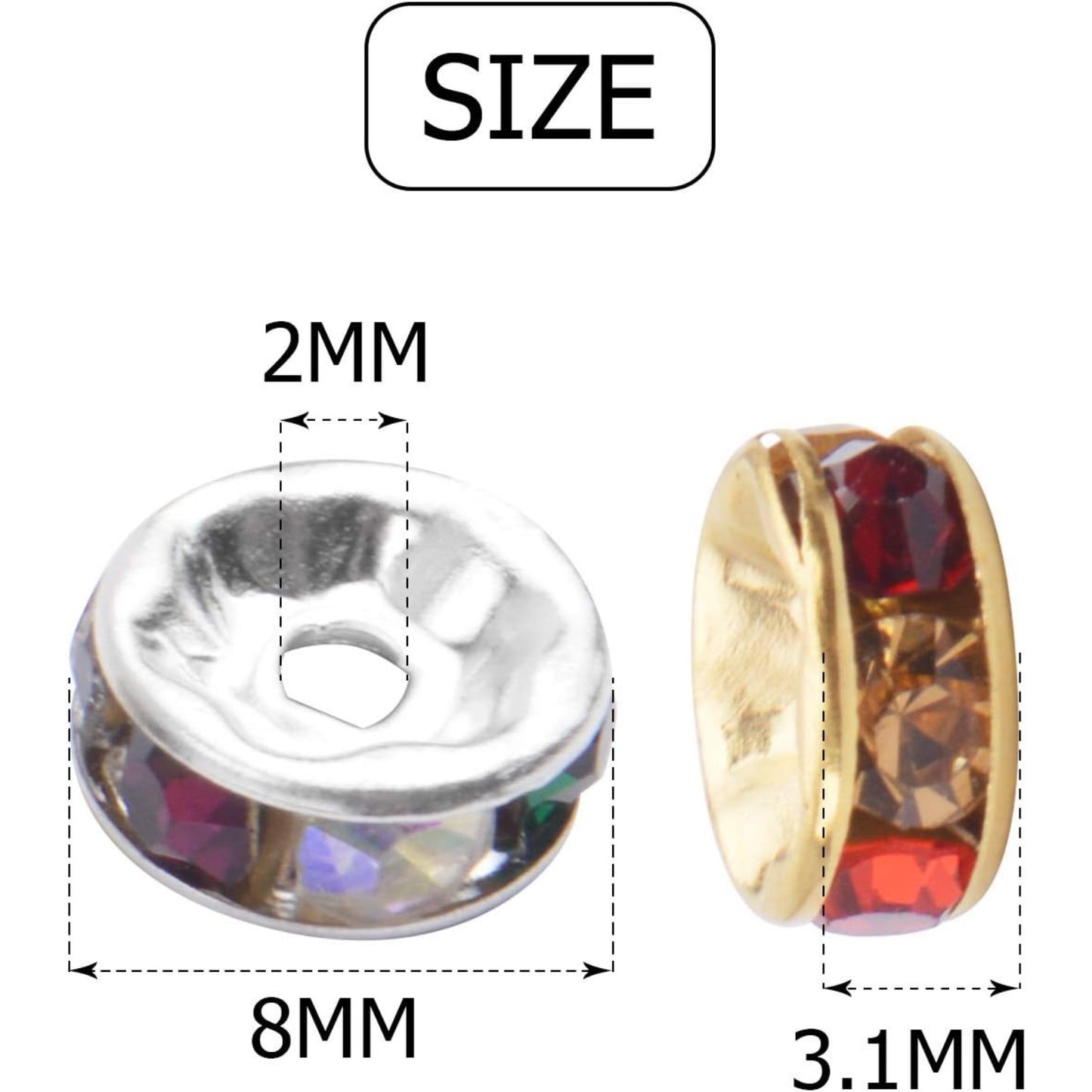 200pcs 8mm Multicolor Rhinestone Spacer Beads Mixed Crystal Rondelle Beads for Bracelets Necklaces Jewelry Making,Gold & Silver