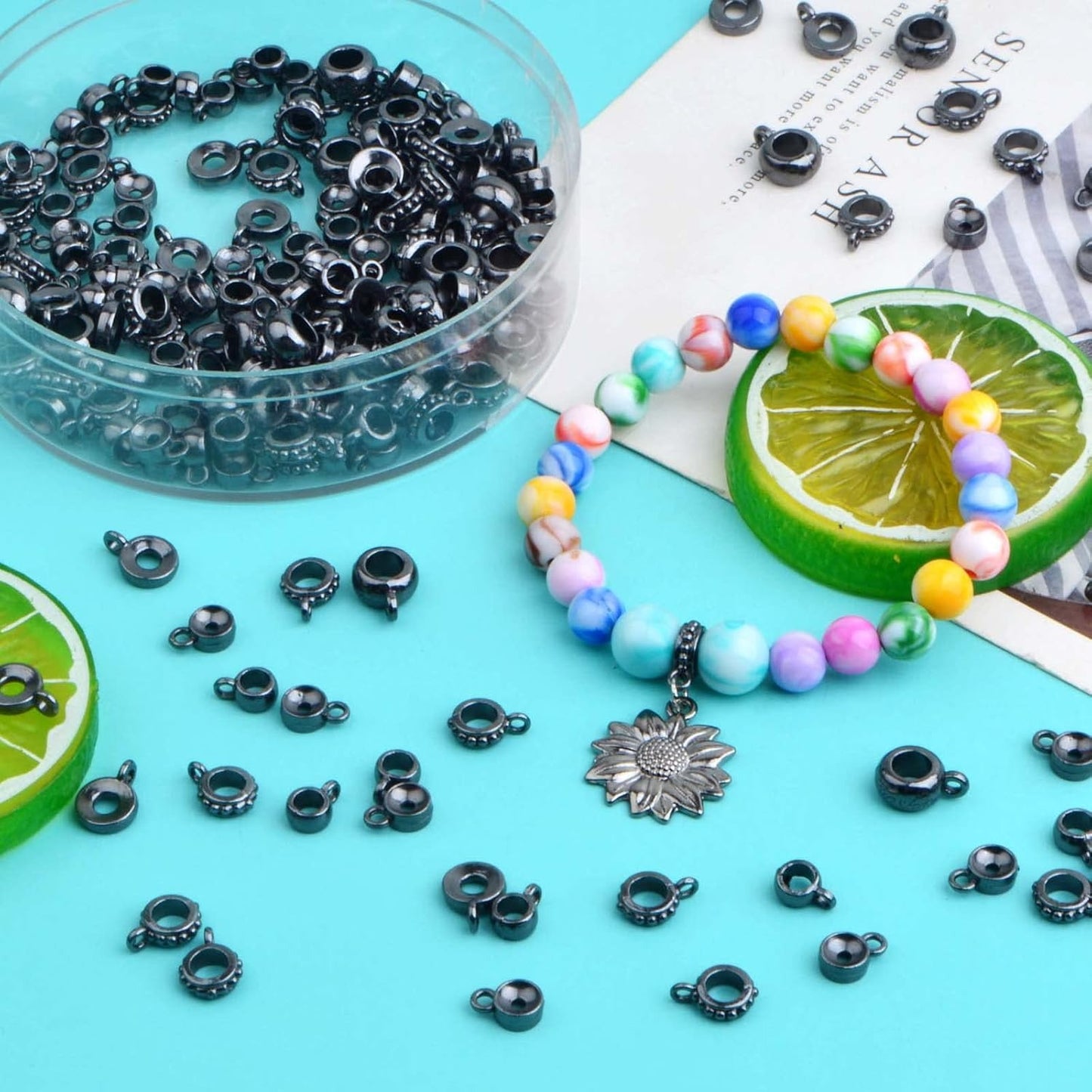 100 Gram Gun Black Bail Tube Beads Alloy Bail Beads Connectors Tibetan Tube Spacer Bead Hanger Links for DIY European Bracelet Charm Jewelry Crafts Making, 5 Styles