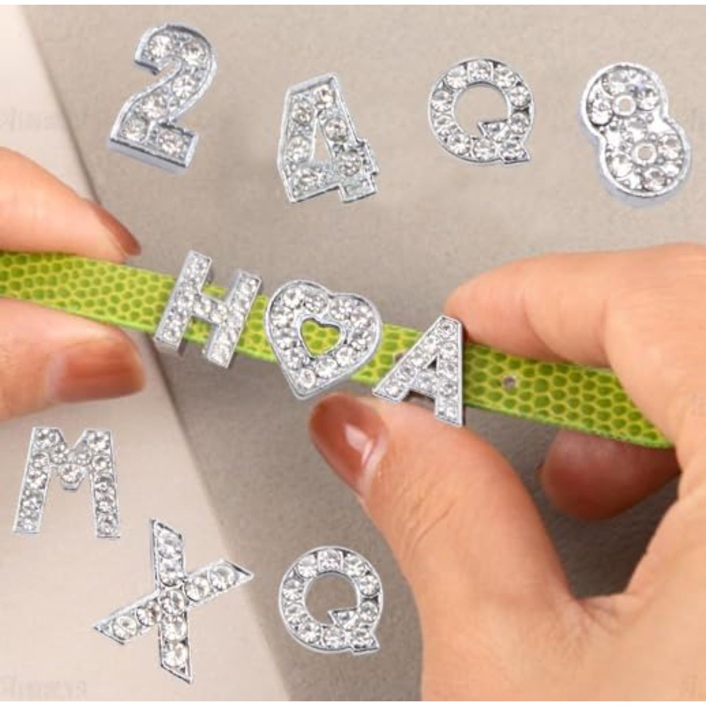 40pcs 8mm Full Rhinestones Slide Charms Alloy Crystal Alphabet Letters A-Z with Numbers 0-9 and Hearts for DIY Bracelets Wristbands Necklaces Jewelry Making Supplies, Sliver
