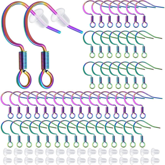 50pcs Stainless Steel Earring Hooks Hypoallergenic French Ear Wire Fish Hooks with 50pcs Clear Earring Safety Backs for DIY Earrings Jewelry Making Supplies, Rainbow Color