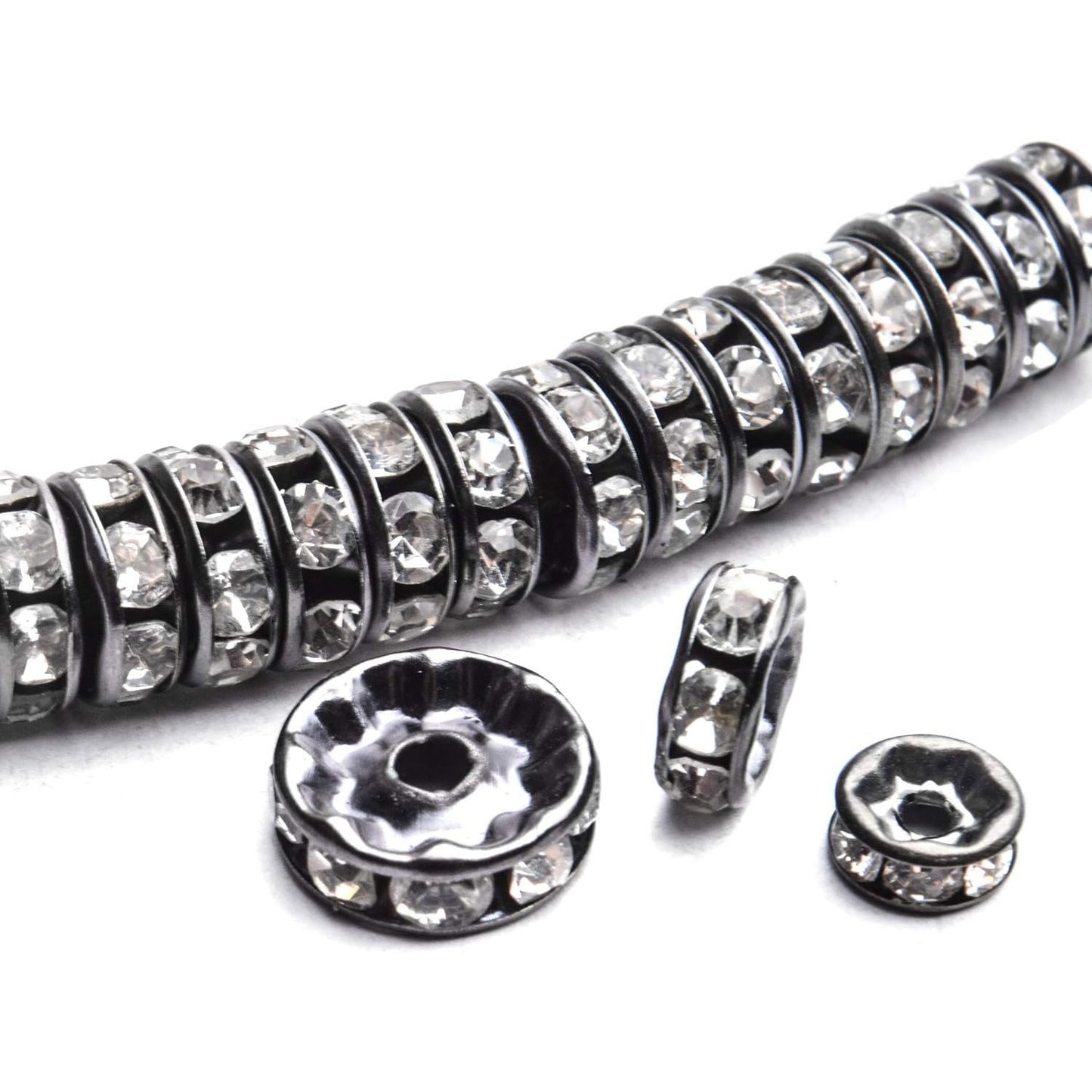 Crystal Spacer Beads,400pcs Gun-Black Rhinestone Beads Alloy Rondelle Loose Beads Craft Accessories for DIY Jewelry Bracelet Necklace Making,6mm/8mm/10mm