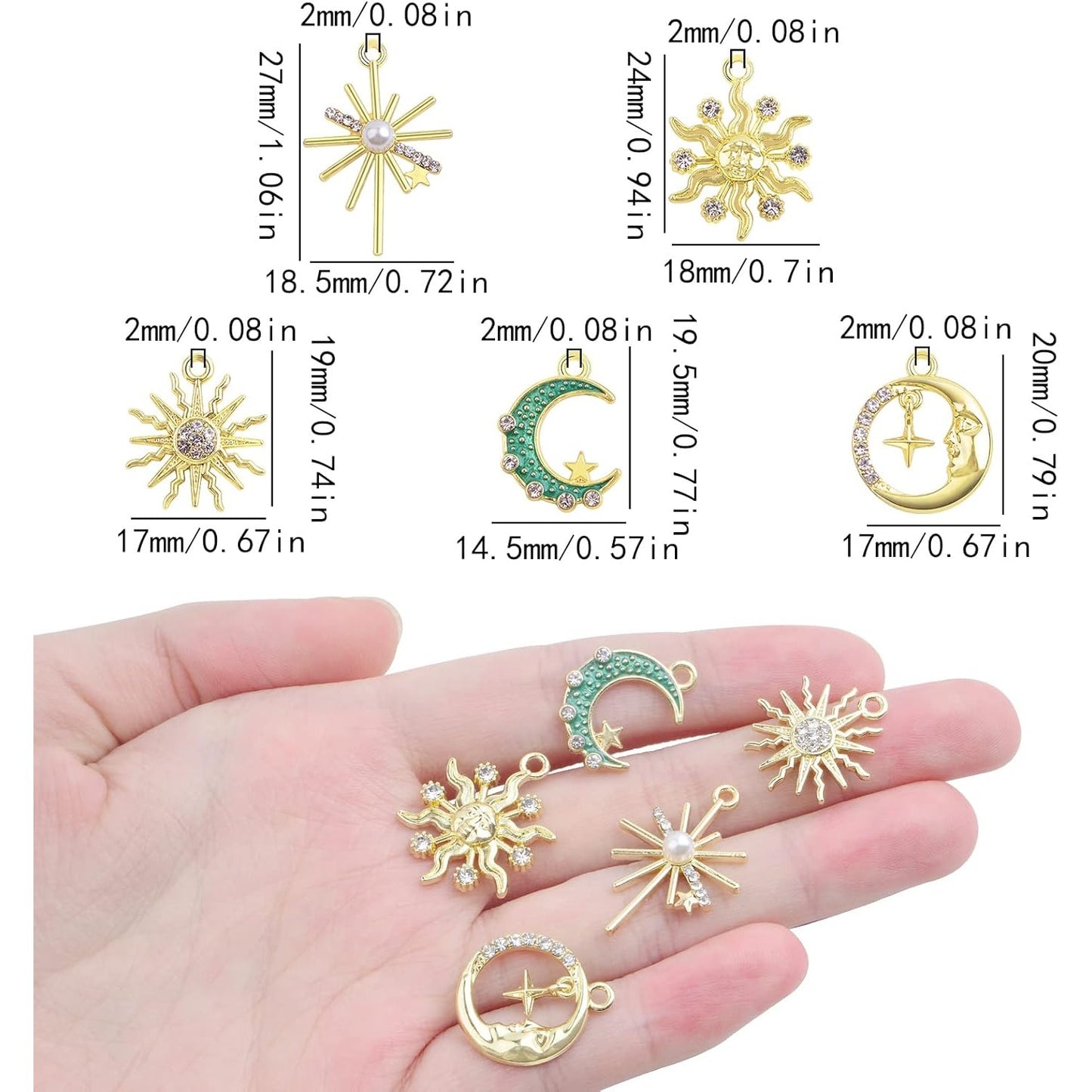 20pcs KC Golden Plated Enamel Crescent Moon Star Charms with Rhinestone Alloy Crystal Celestial Moon Dangle Pendants for DIY Necklaces Earrings Jewelry Making Decor, 5 Styles
