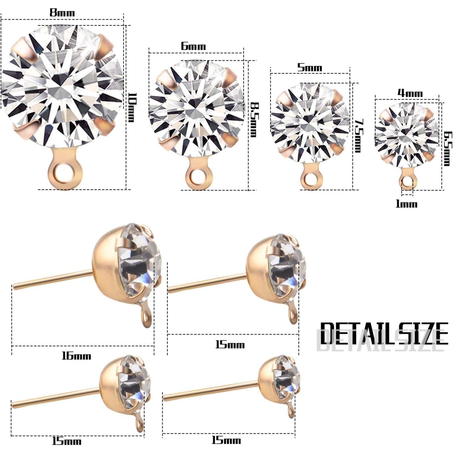 80pcs Rhinestone Hypoallergenic Earring Posts Stud Earrings with Loop and 80pcs Butterfly Ear Back Earrings for DIY Earring Jewelry Making Findings, 4 Sizes