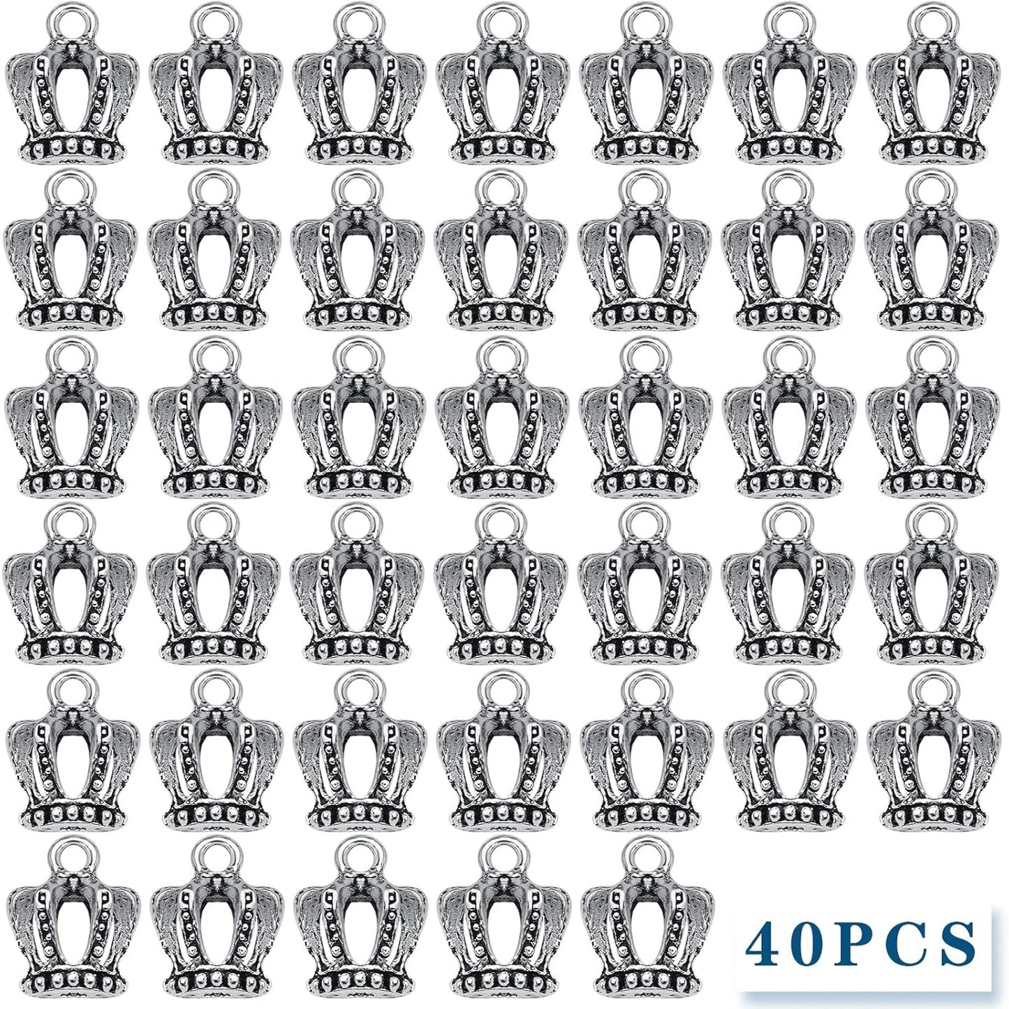 40pcs 3D Mini Lovely King Crown Charms Vintage Alloy Queen Crown Dangle Pendants for DIY Jewelry Making Supplies Birthday Party Favor Gifts, Antique Silver