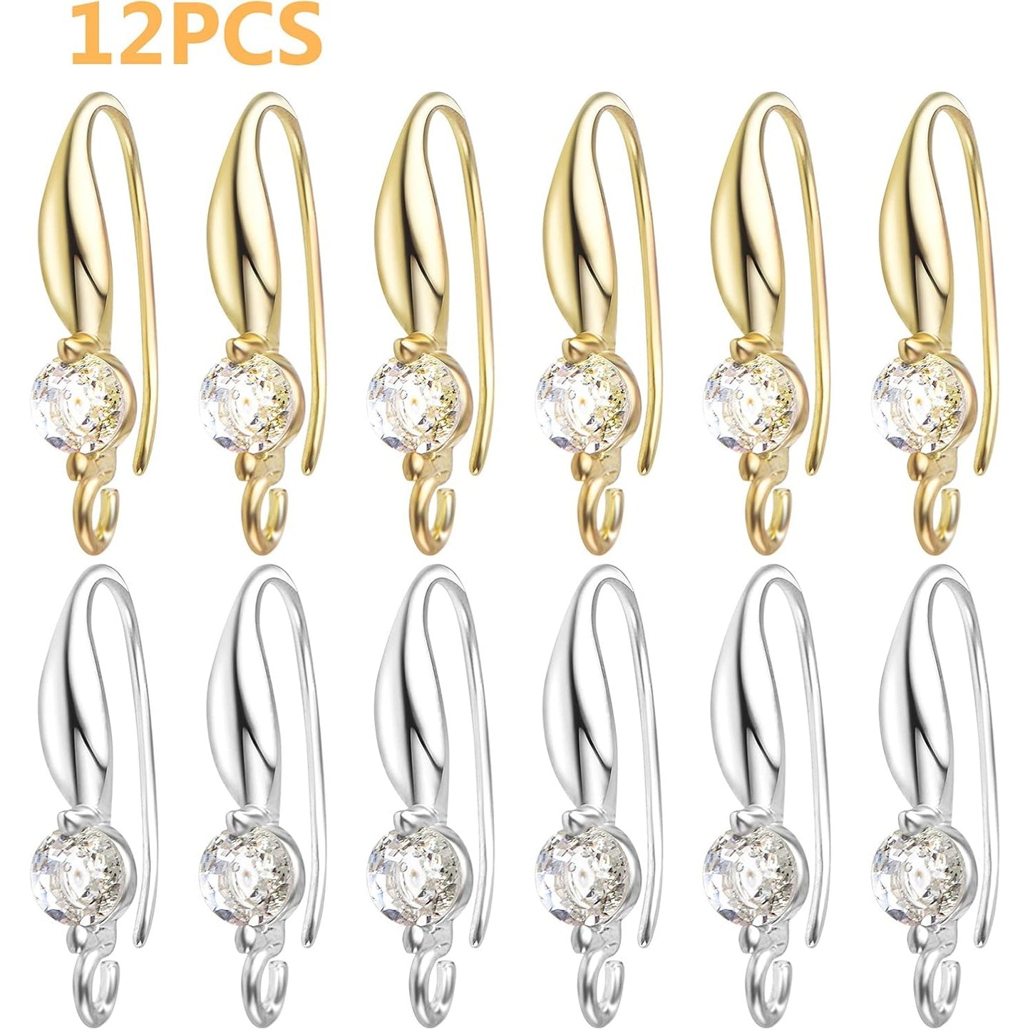 12pcs Silver Plated Rhinestone Earring Hooks Brass Ear Wire Fish Hooks with Open Loop Round Rhinestone Earring Components for Women DIY Earrings Jewelry Making