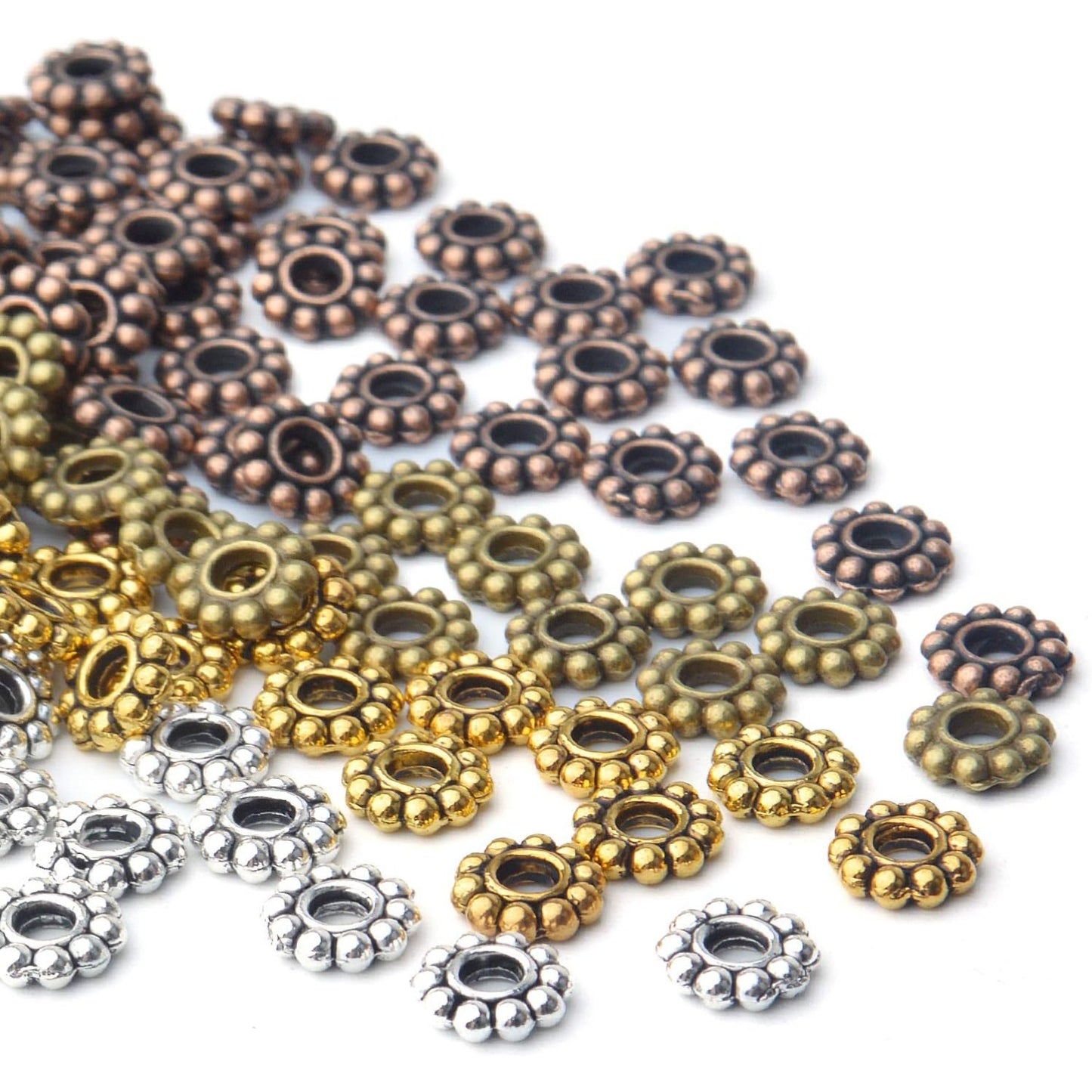 200pcs 4 Colors 6mm Flower Spacer Beads Tibetan Alloy Daisy Spacers Snowflake Loose Beads Jewelry Spacer Charms for DIY Bracelet Jewelry Crafts Making