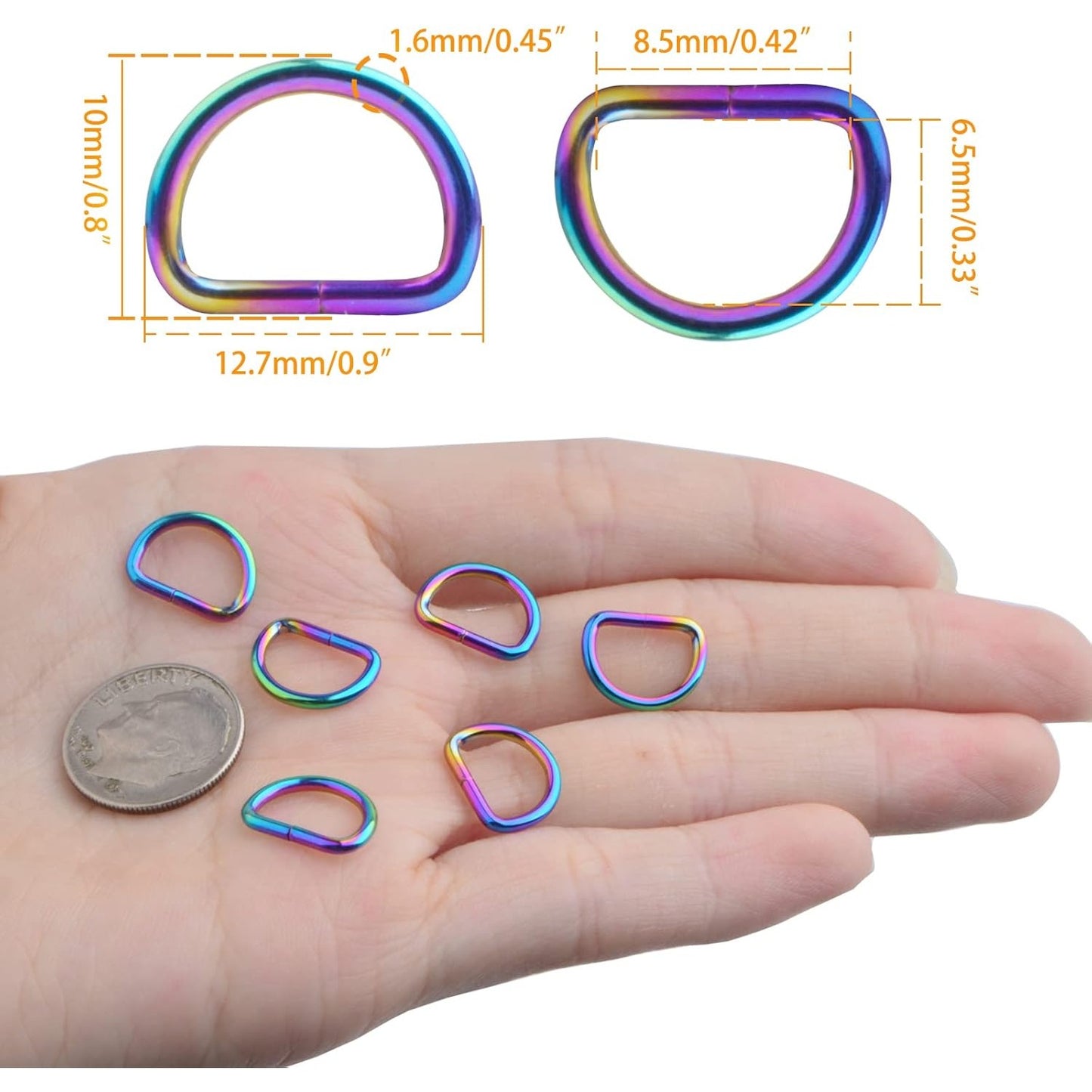 20pcs 10mm Metal Semi-Circular D Rings Multipurpose Half Round D-shaped Rings Buckle Clips DIY Accessories for Bags Purse Backpack Belt Clothing Sewing, Rainbow Color