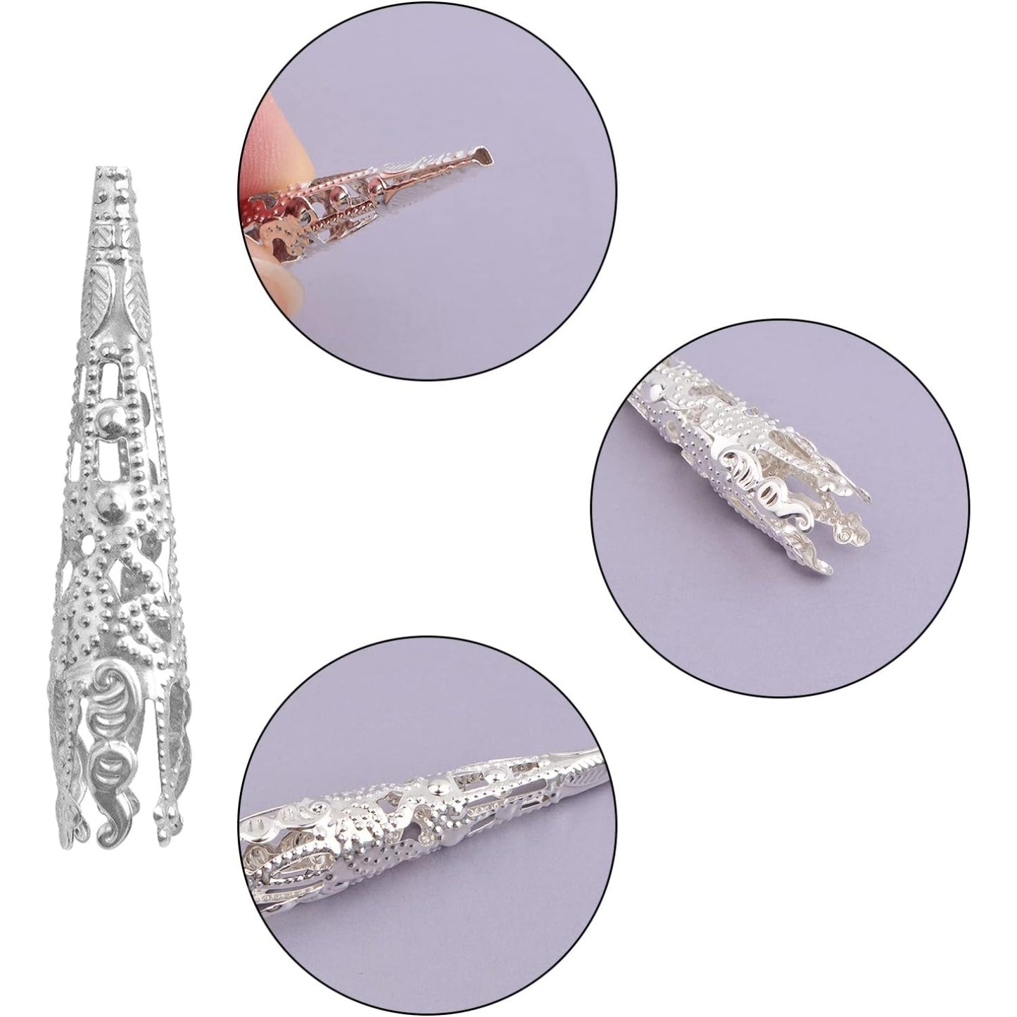 100pcs Silver Long Flower Bead Caps Hollow Cone Bead End Caps Filigree Flower Spacers Hair Braid Beads Accessories for DIY Neckalce Earrings Hairpins Craft Projects