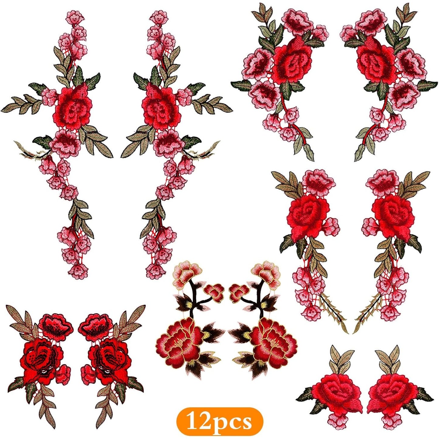 12 Pieces (6 Pairs) Iron On Flower Patches Clothing Patch Delicate Embroidered Flower Appliques for DIY T-Shirt Backpack Hoodies Shoes Bags Decoration, 6 Styles
