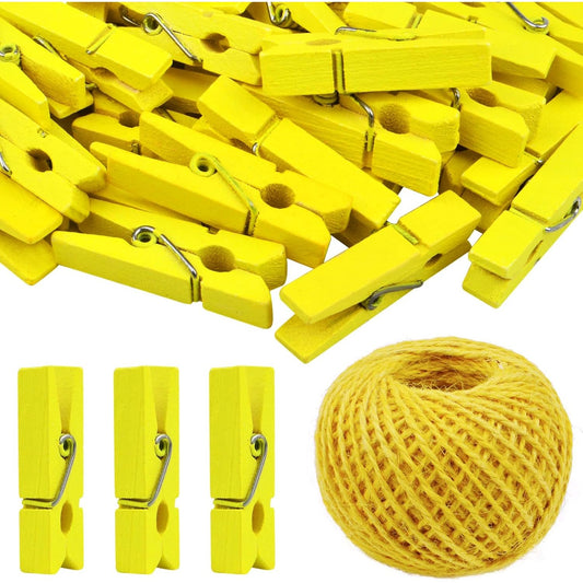 50pcs Wooden Photo Clips Clothespins Utility Pictures Paper Peg Pin Craft Clips and 50m Jute Twine for Home School Handmade Decoration(Yellow)