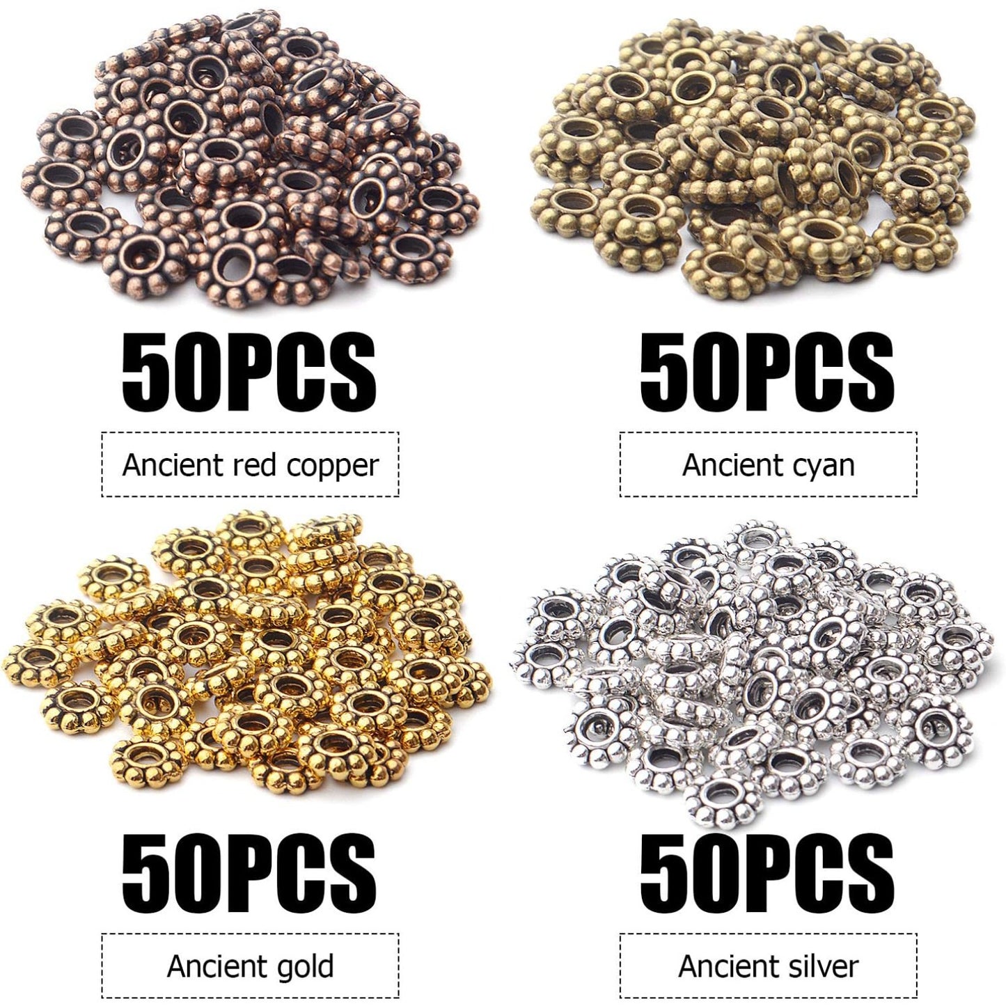 200pcs 4 Colors 6mm Flower Spacer Beads Tibetan Alloy Daisy Spacers Snowflake Loose Beads Jewelry Spacer Charms for DIY Bracelet Jewelry Crafts Making