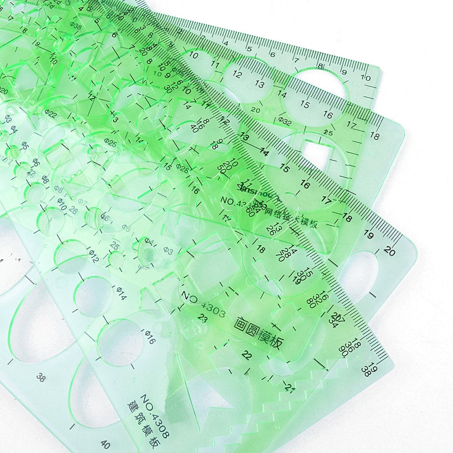 4pcs Plastic Measuring Templates Drafting Drawing Stencils Geometric Rulers for Office and School, Building Formwork(Clear Green)