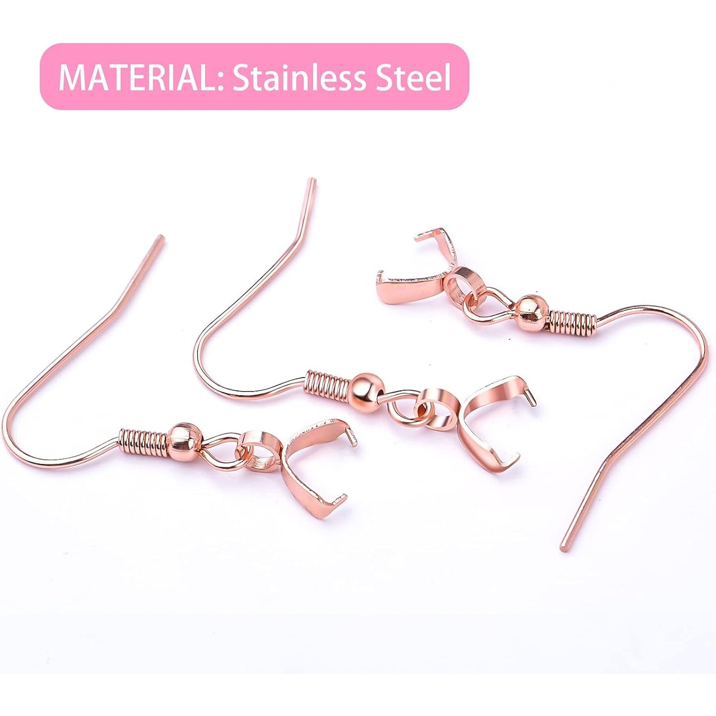 50pcs Stainless Steel Earring Hooks with Pendant Clasp Hypoallergenic Ear Wire Buckle Fish Hooks Dangle Earrings for Women DIY Jewelry Making Findings, Rose Gold
