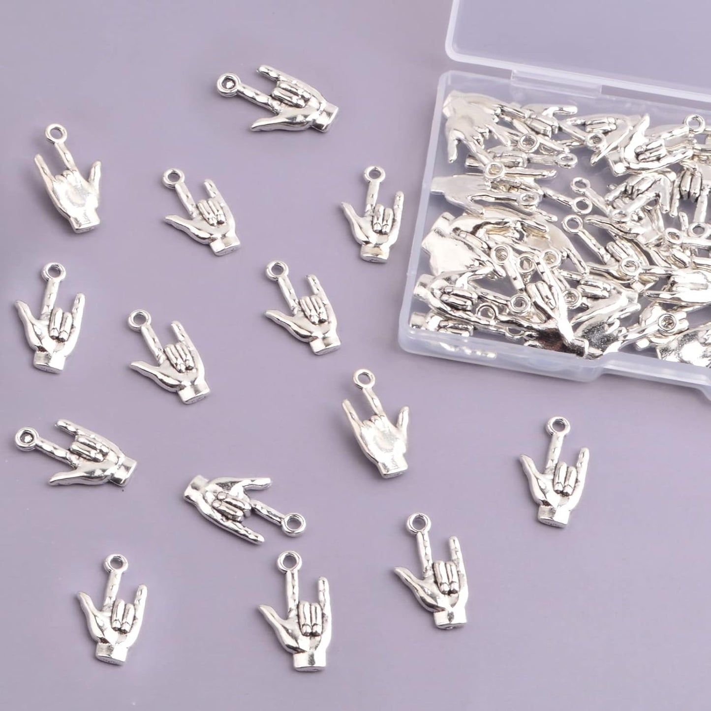 50 Pieces Antique Silver Hand Symbol Pendant Charms Alloy Non-Verbal I Love You Hand Sign Pendants with a Plastic Box for DIY Bracelet Necklace Jewelry Making Findings