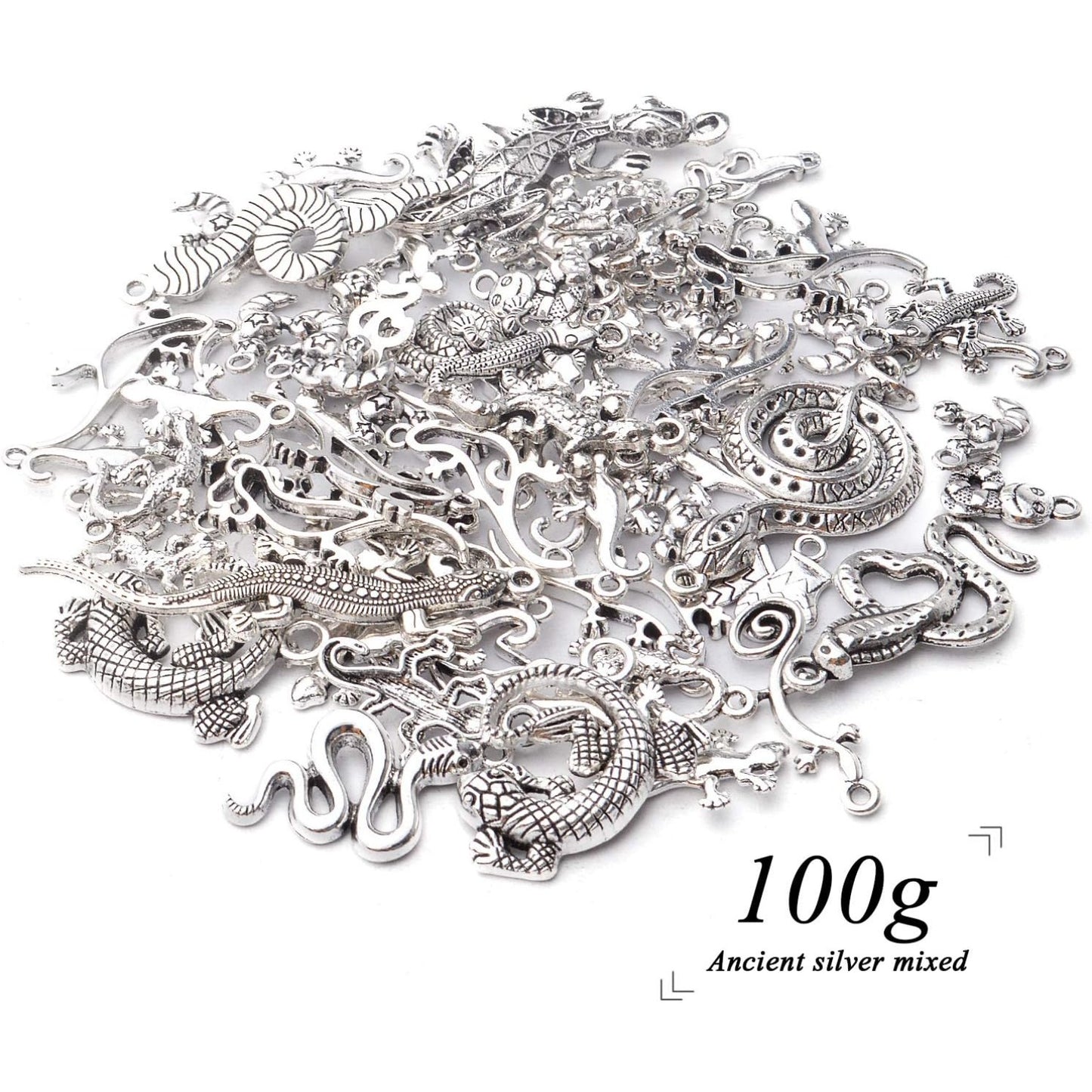 100g Craft Supplies Antique Silver Snake & Lizard Charms Alloy Mixed Style Animal Charms for Bracelet & Necklace Jewelry Making Accessories