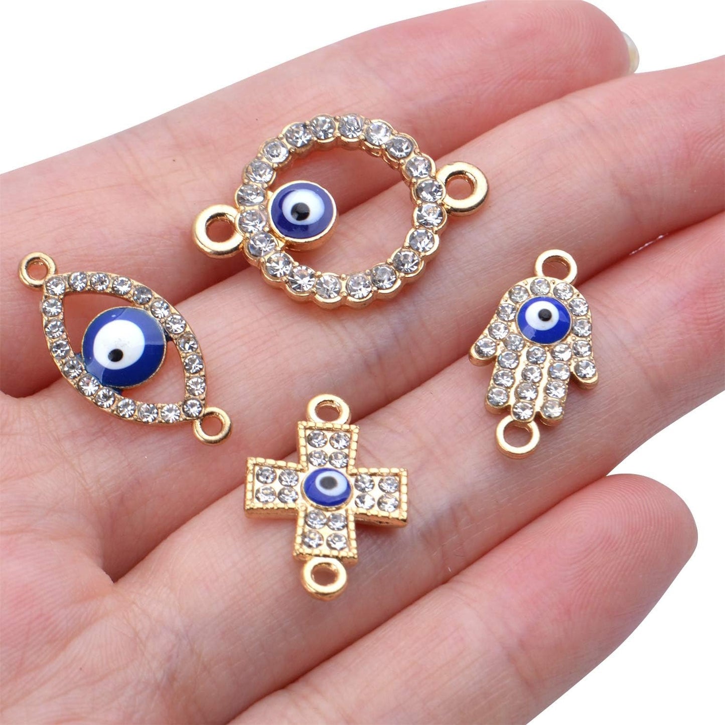 40pcs Evil Eye Connectors Pendants Bracelet Rhinestone Connector Bead Charms Round Cross Hand Eye Forms for Bracelet Necklace Crafts DIY,Gold