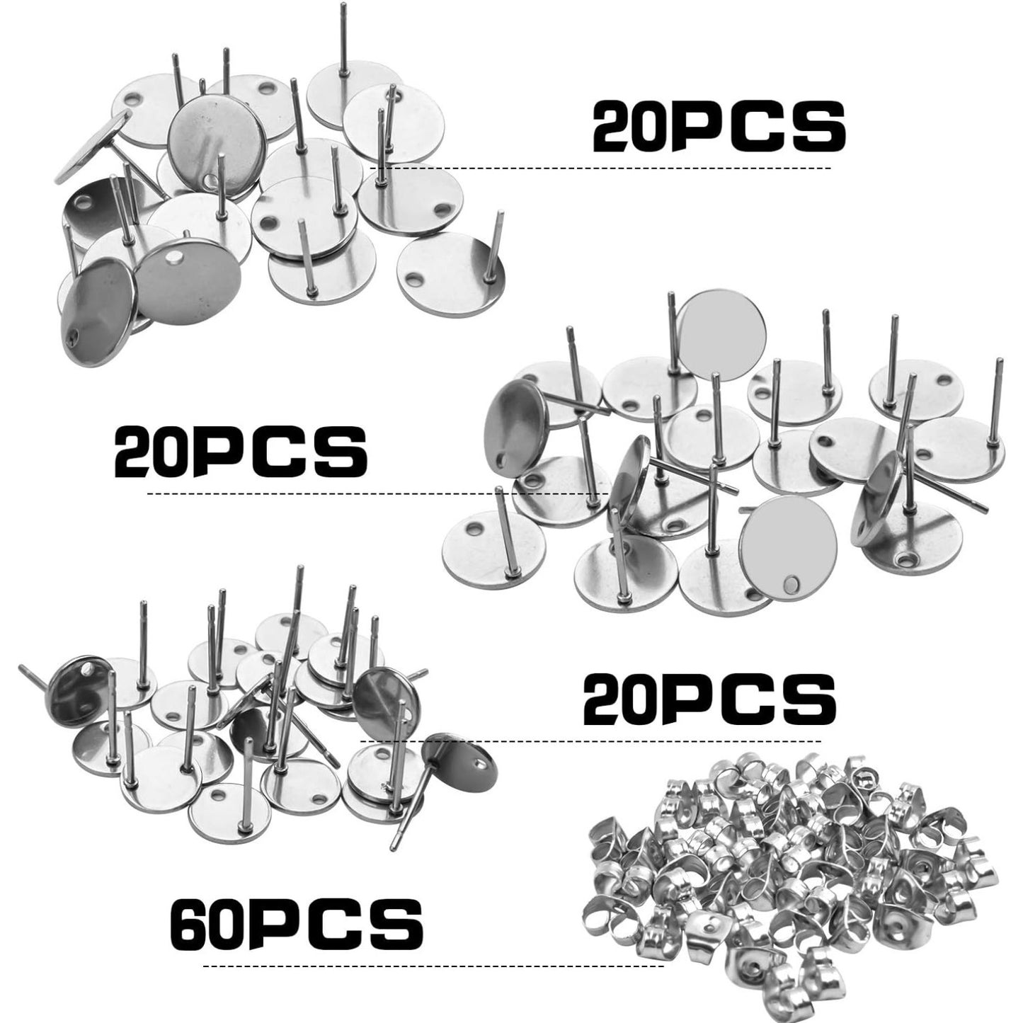 60pcs 8mm/10mm/12mm Stainless Steel Round Earring Studs Blank Earring Posts with Loop and 60pcs Earring Backs for Earring Making,Silver