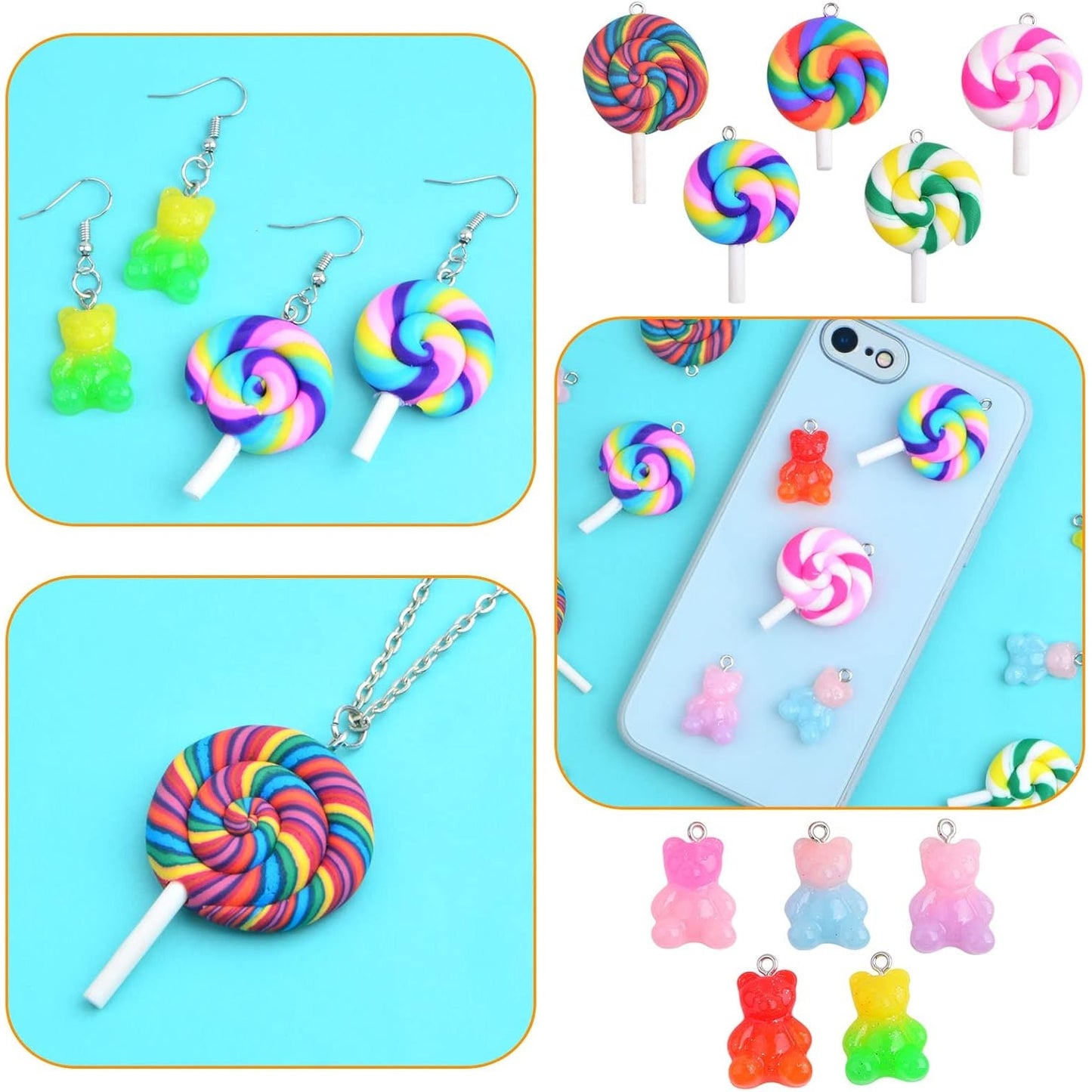 10pcs Colorful Sweet Candy Lollipop Charms and 10pcs Gummy Bear Pendants Resin Polymer Clay Charms with 20pcs Earring Hooks and 20pcs Jump Rings for DIY Earrings Craft Jewelry Making