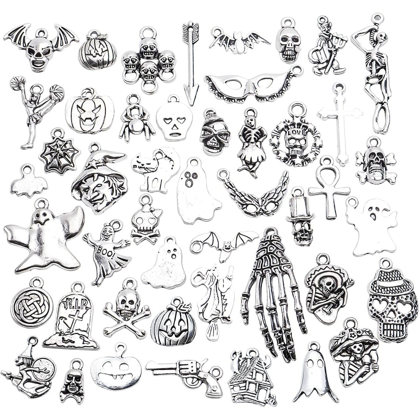 50 Pieces Halloween Theme Charms Assorted Tibetan Silver Pendants Skull Skeleton Pumpkin Bat Witch Charms for Jewelry Making Key Rings Crafts