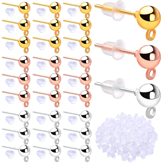 300pcs 3 Colors Ball Post Earring Studs Hypoallergenic Alloy Ear Pins Earring Posts with Loop and 300pcs Silicone Clear Bullet Earring Backs for DIY Crafts Jewelry Making