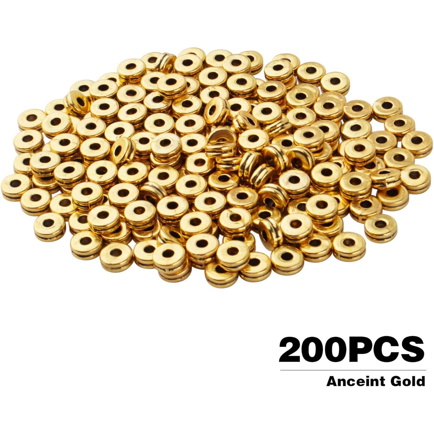 200pcs 6mm Flat Round Spacers Beads Alloy Rondelle Beads Disc Spacer Bead Loose Beads for DIY Bracelet Jewelry Crafts Making Accessory, Antique Gold