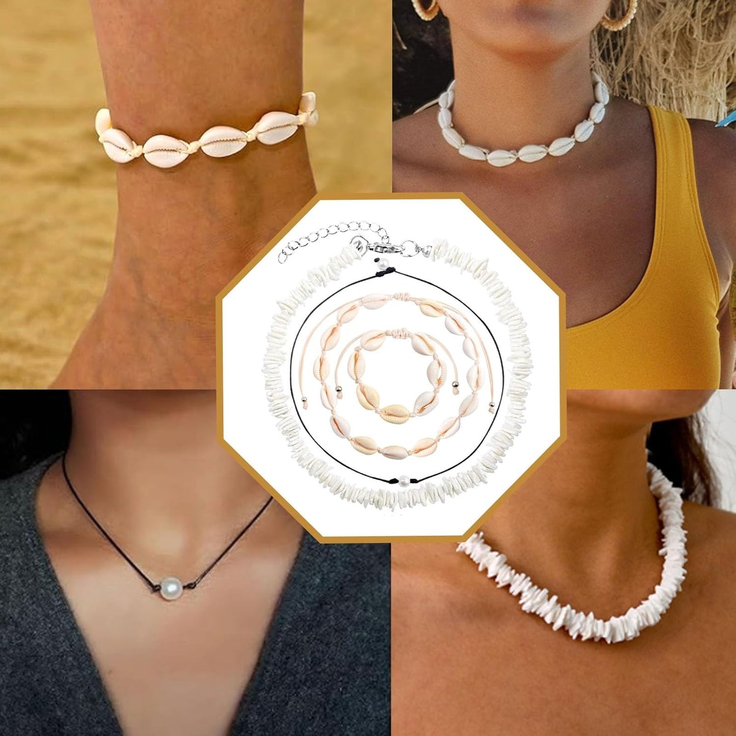 4pcs Puka Shell Necklaces Adjustable Natural Seashell Pearl Bead Choker Necklace Handmade Cowrie Shells Surfer Bracelet Hawaiian Summer Beach Boho Jewelry Set for Women Gifts