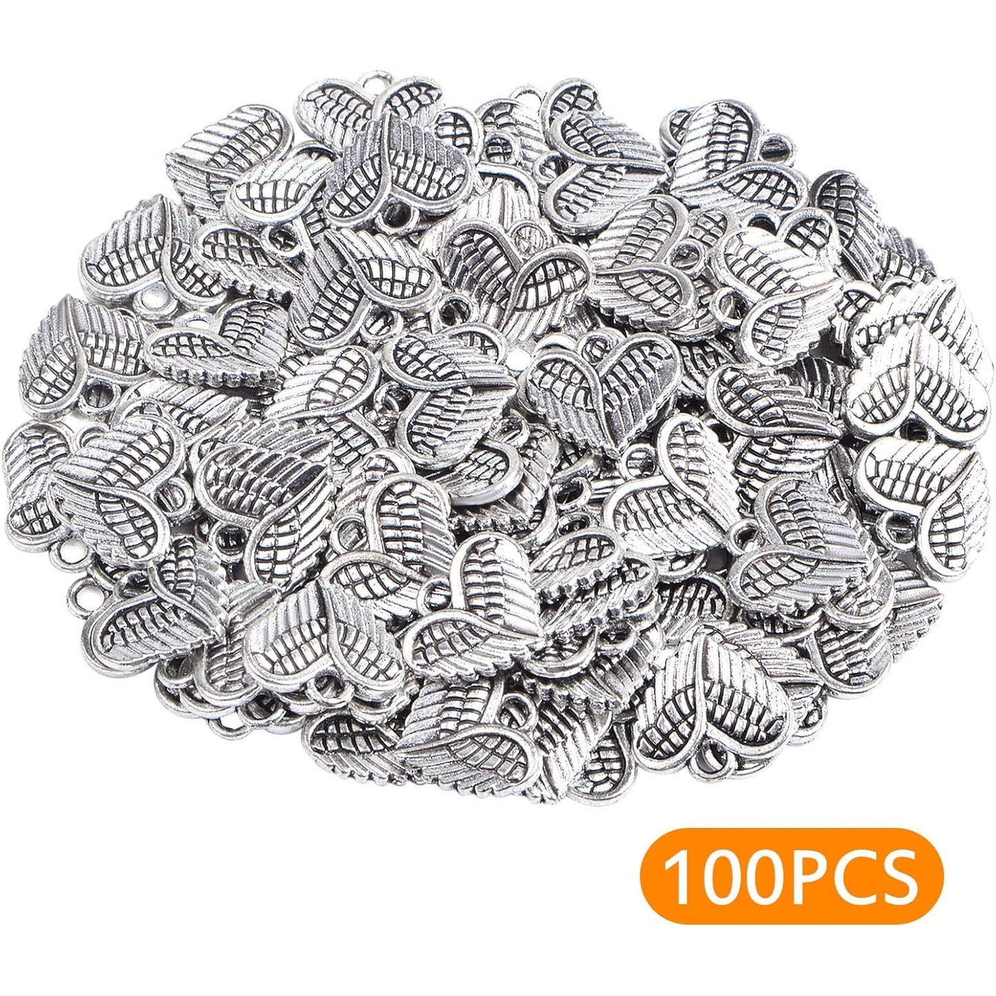100pcs Antique Silver Angel Wings Feathers Charms Vintage Alloy Heart Shape Angel Wing Dangle Pendants for DIY Bracelet Necklace Jewelry Making Supplies Gifts