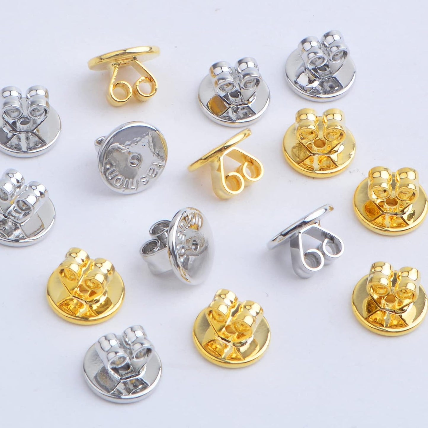 16pcs Golden Plated Brass Locking Earring Safety Backs Hypoallergenic Round Disc Secure Magic Earring Backs Lifters Butterfly Clasps Replacements for Stud Earring, 2 Colors