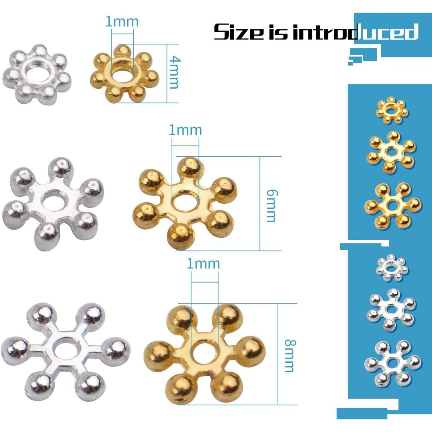 Jewelry Bead Charm Spacers, 600pcs 4mm/6mm/8mm Alloy Flower Jewelry Spacer Beads Metal Beads for DIY Bracelets Necklaces Jewelry Making, Silver and Gold