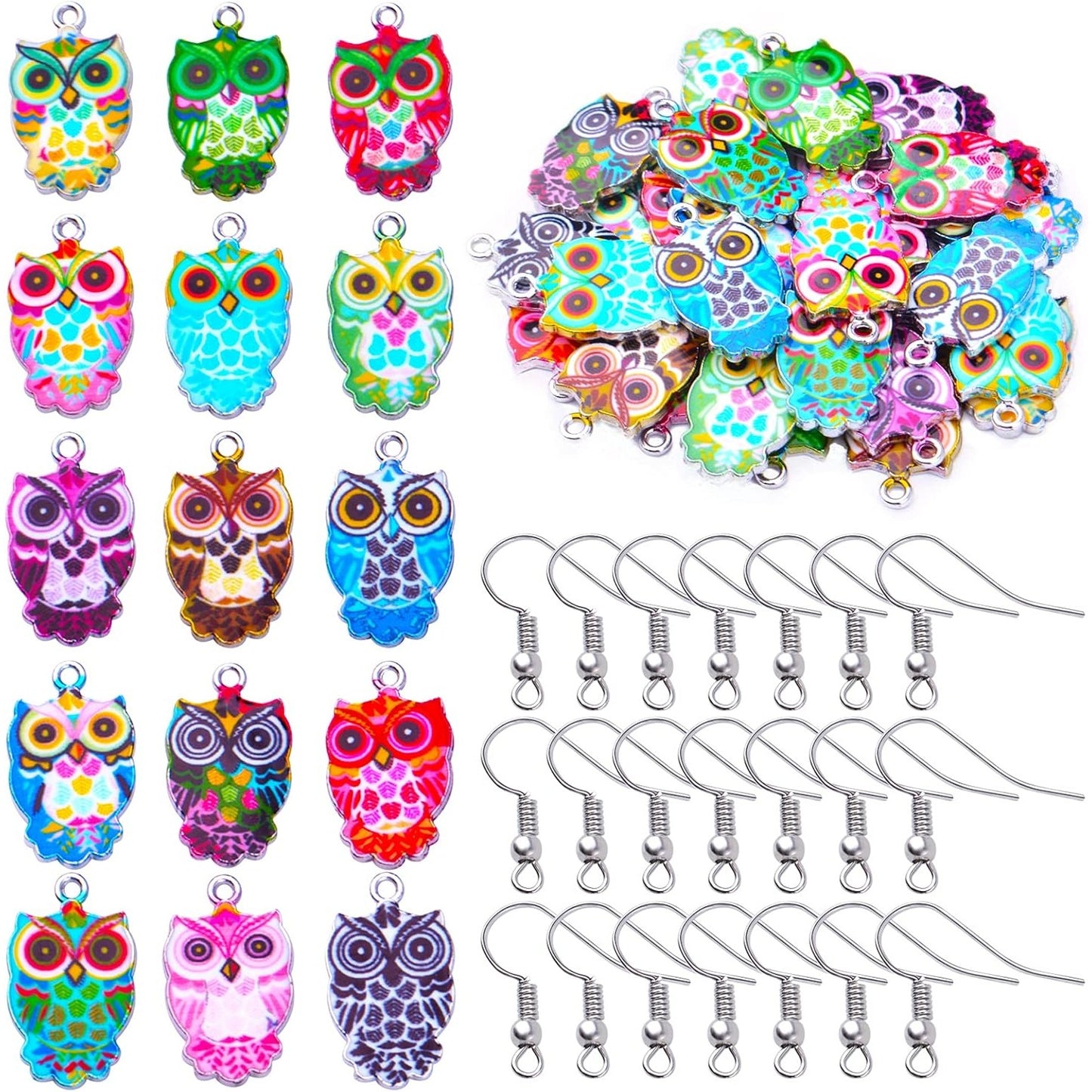 30pcs 15 Styles Colorful Owl Enamel Charms Pendants Halloween Animal Owl Dangle Charms with 30pcs Silver French Ear Wires Earring Hooks for DIY Jewelry Making Accessories