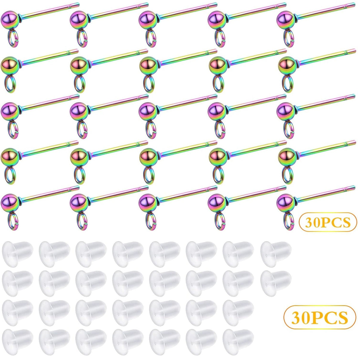 30pcs 3 mm Hypoallergenic Ball Post Earring Studs with Loop Stainless Steel Round Ball Earring Pins and 30pcs Clear Earring Safety Backs for DIY Jewelry Making, Rainbow Color