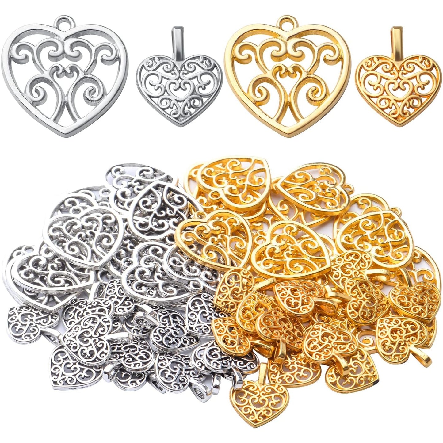 60pcs Heart Charms Tibetan Alloy Filigree Hollow Heart Love Charm Pendants for DIY Earring Bracelet Jewelry Crafts Making,2 Styles