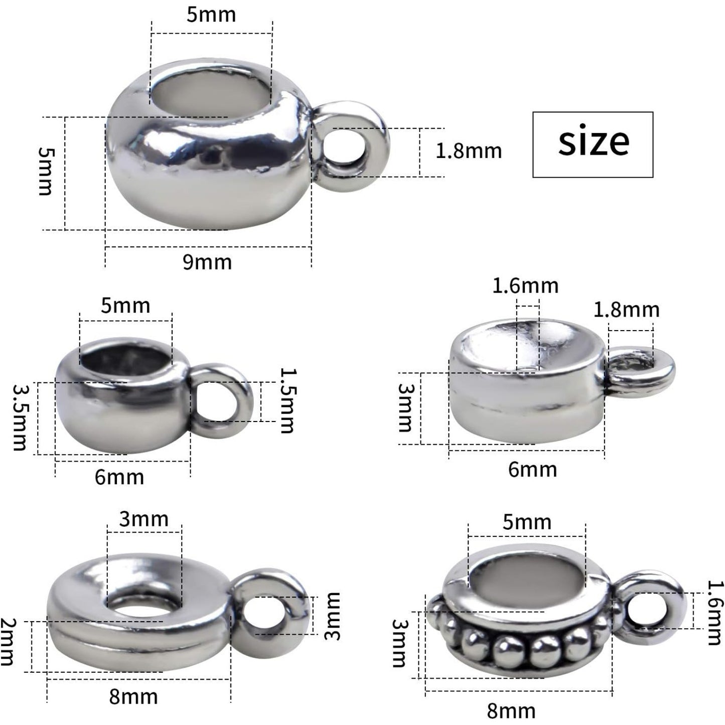 100g (About 100-150pcs) Tibetan Silver Bail Beads Jewelry Connector Bails Beads for Necklace Bracelet Jewelry Making,5 Styles