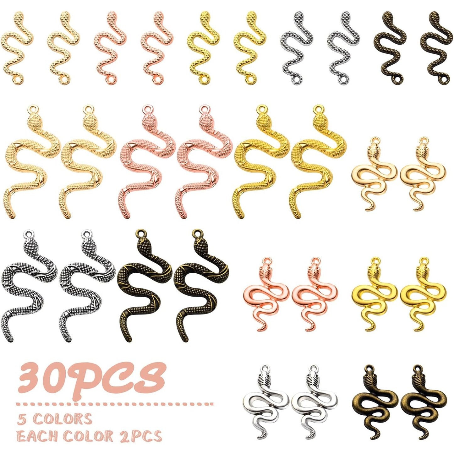 30pcs 5 Colors Snake Charms Pendants Alloy Mixed Styles Snake Serpent Charms Craft Supplies for Halloween DIY Bracelets Necklaces Earrings Jewelry Making