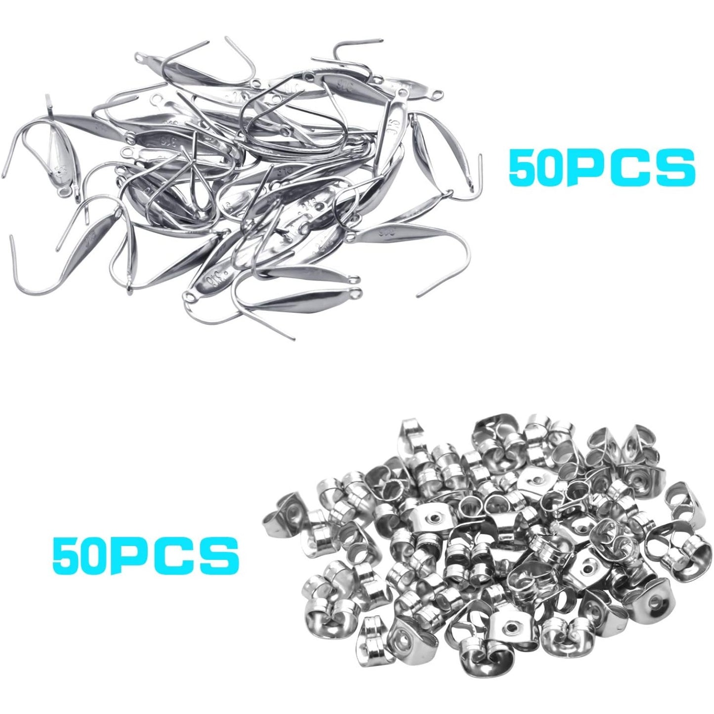 50pcs Earring Hooks Teardrop Ear Wire Hooks with 50pcs Stainless Steel Butterfly Earring Backs for Jewelry Making