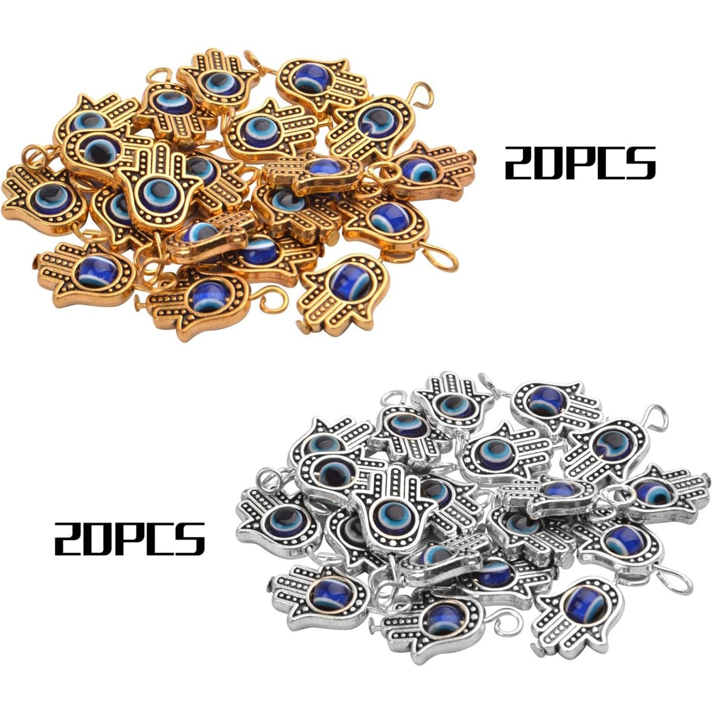 Hamsa Hand Beads Frame Charms,30 Pieces of Hamsa Evil Eye Pendant Hand of Fatima Symbol Charms Jewelry Making Findings for DIY Necklace Bracelet(Gold & Silver & Bronze)