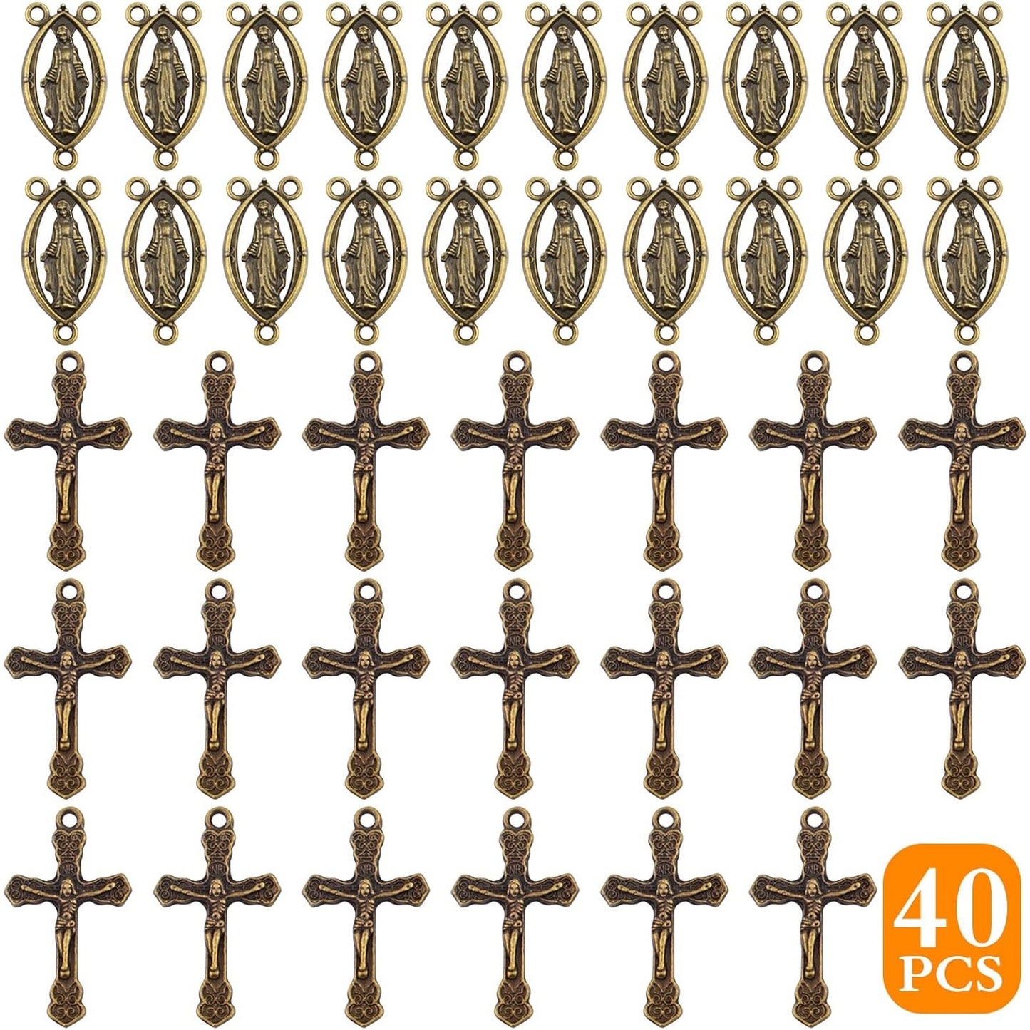 40pcs Gold Plated Rosary Cross and Center Charms Miraculous Medal Pendant Alloy Tibetan Style Jesus Crucifix Cross Pendants Oval Chandelier Links for Rosary Holy Beads Necklace Making