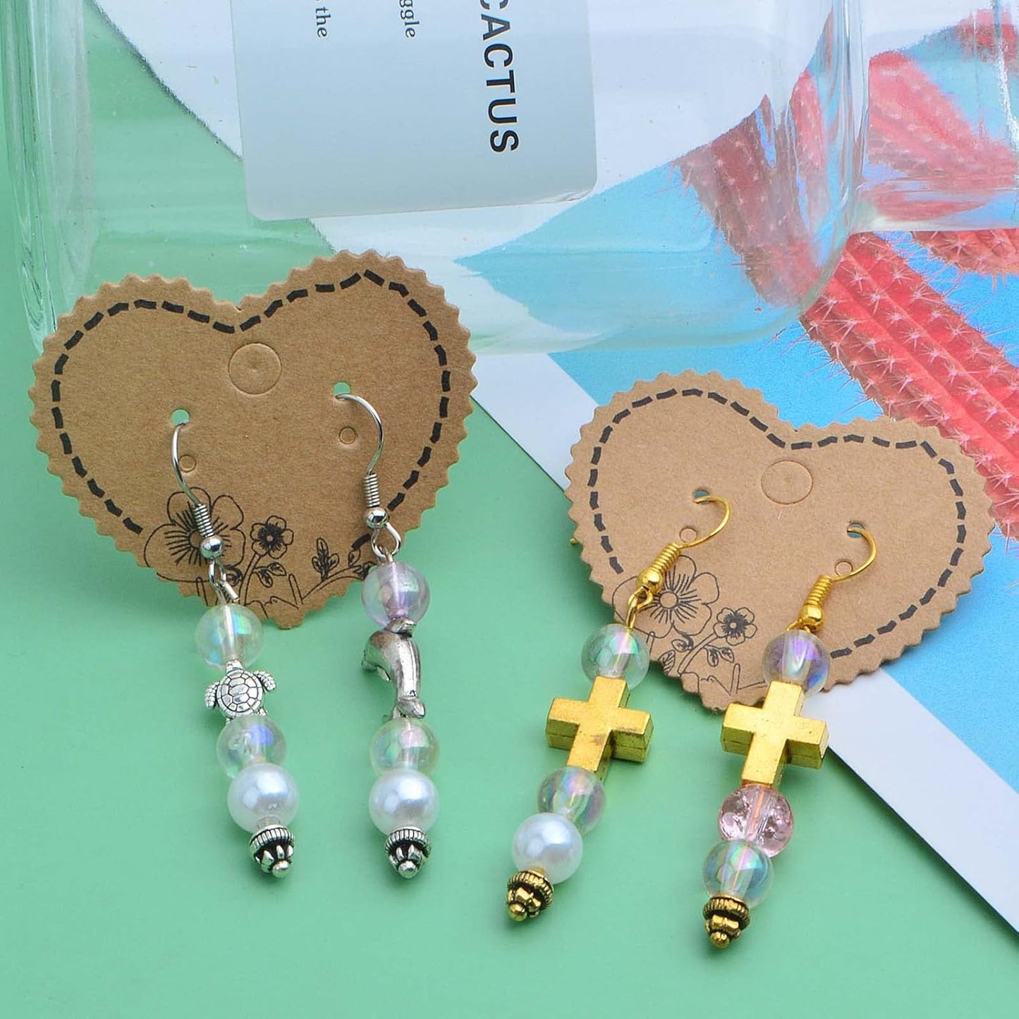 100pcs Heart Earring Card Holder Jewelry Display Cards and 100pcs OPP Self-Sealing Bags with 200pcs Clear Earring Backs for Necklace Earrings Jewelry Display, Brown