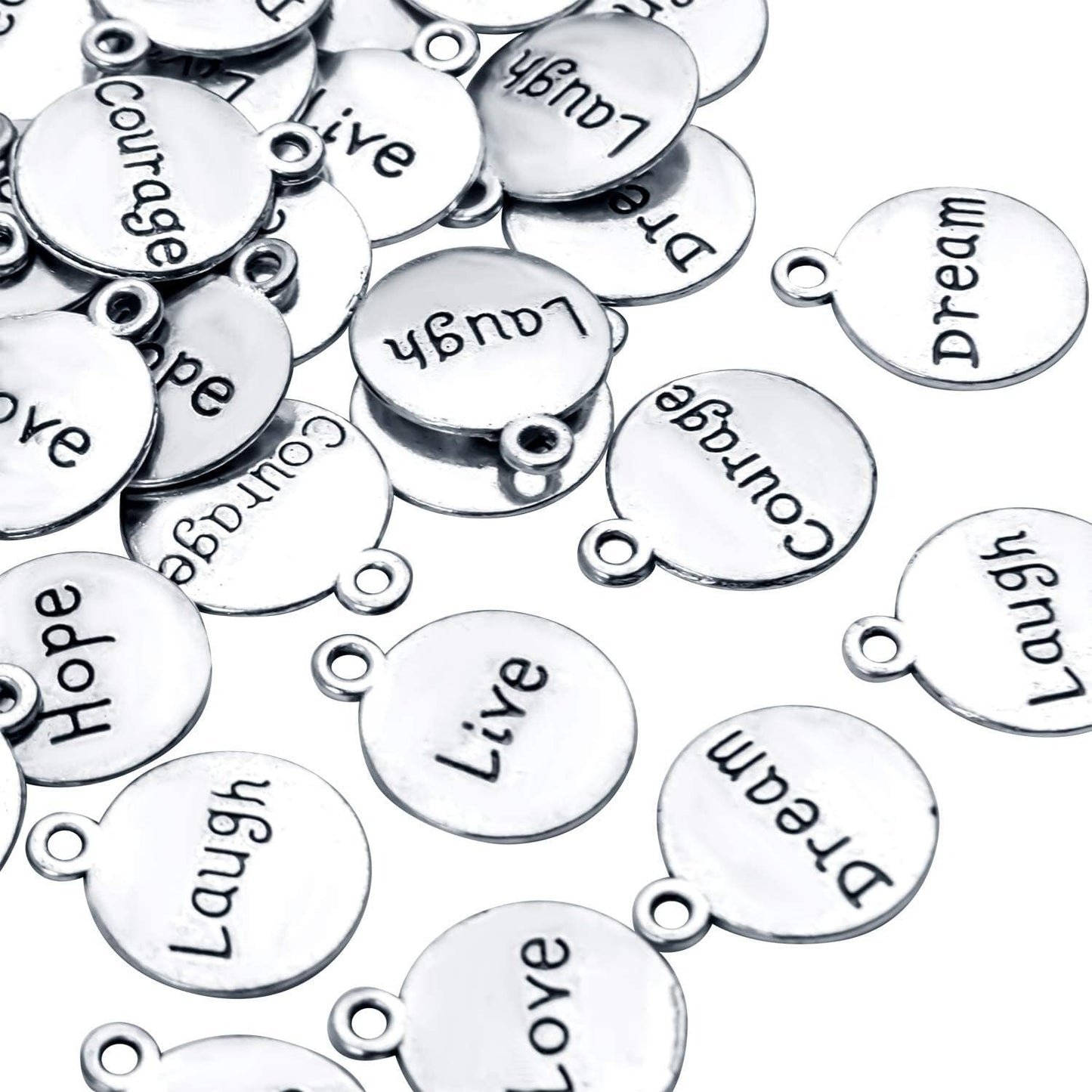 60pcs Inspirational Words Pendants Round Double-sided Lettering Charms Jewelry Findings for Crafting Necklace Bracelet,Antique Silver