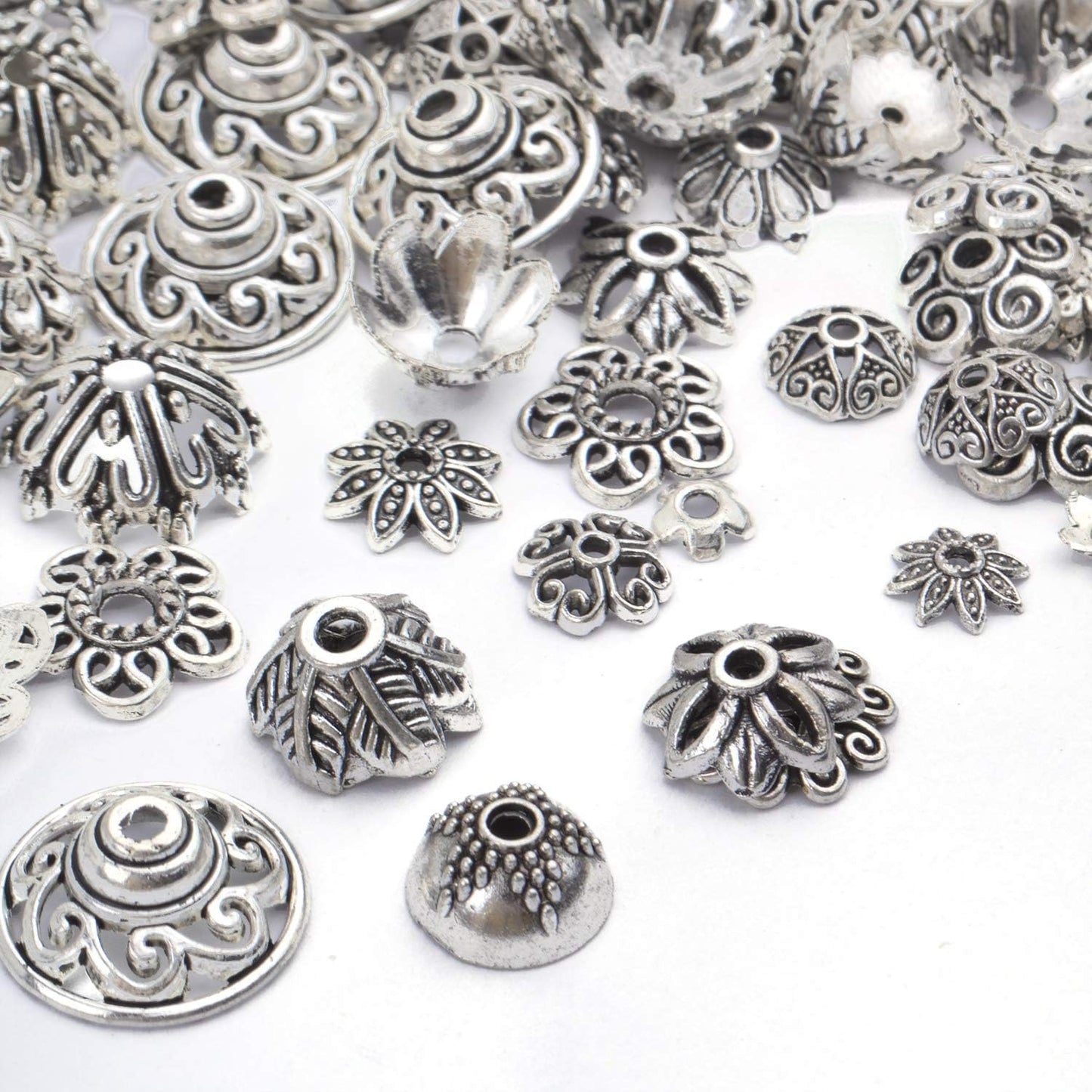 200pcs Tibetan Silver Flower Bead Caps Bead Caps Spacer Beads Bali Style Jewelry Findings for Necklace Bracelet,20 Styles