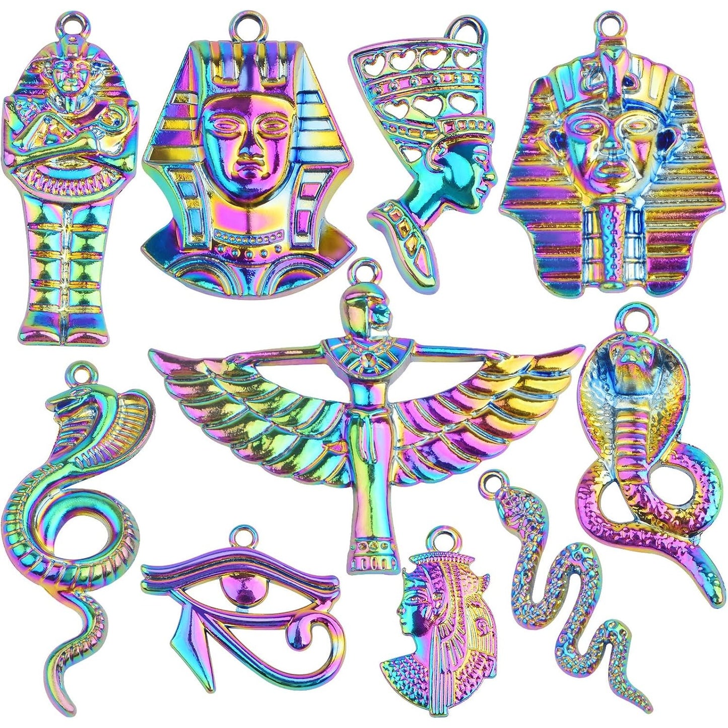 10pcs Rainbow Color Ancient Egypt Charms Mixed Pyramid Chief Snake Pharaoh Horus Eyes Cobra Winged Goddess Isis Pendants for DIY Jewelry Making Craft Supplies, 10 Styles