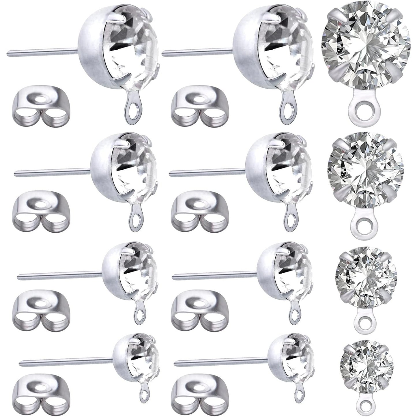 80pcs 4mm/5mm/6mm/8mm Rhinestone Earrings Posts with Loop Hypoallergenic Metal Earrings Studs and 80pcs Butterfly Earring Backs for DIY Dangle Earrings Design Jewelry Making, Silver