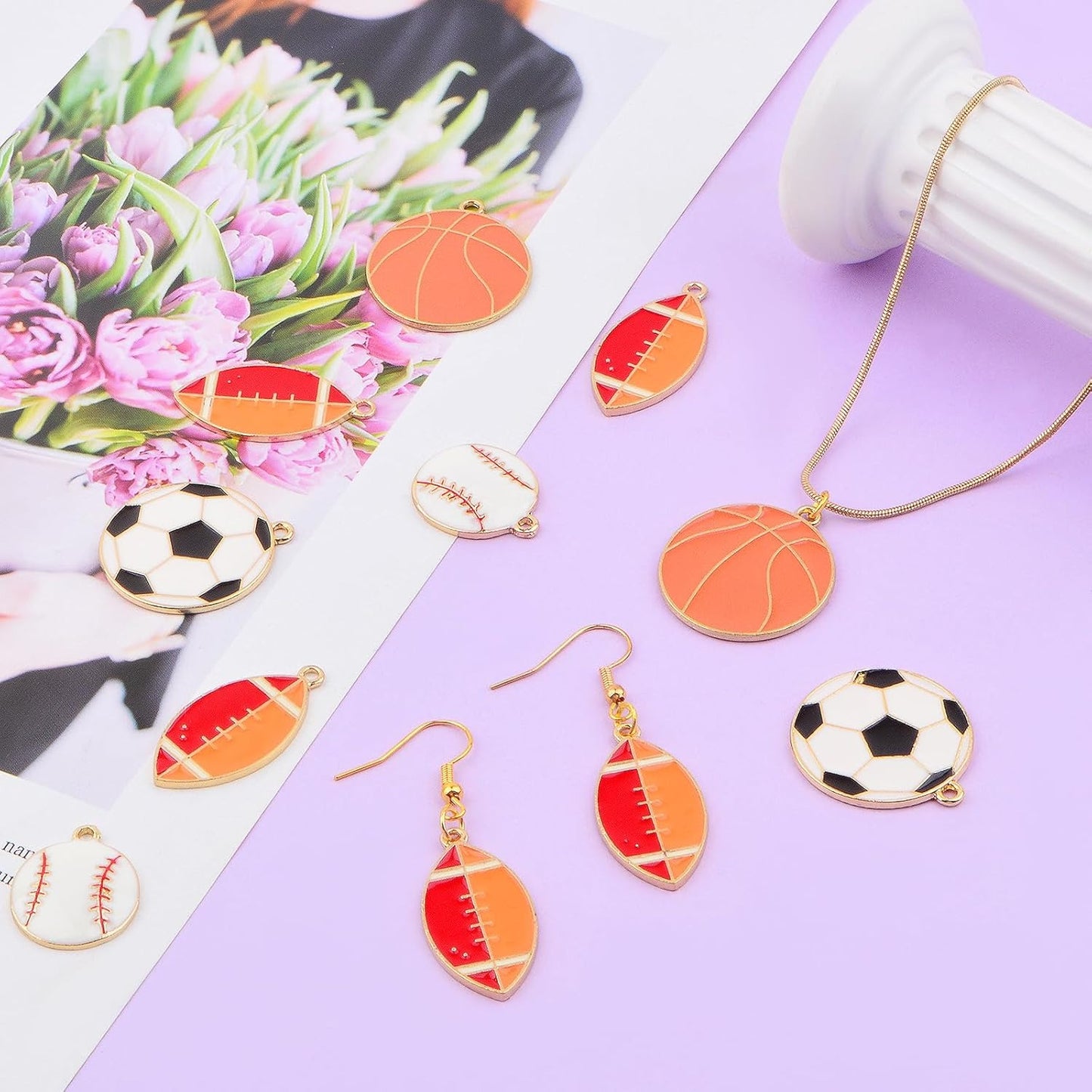 20pcs Enamel Sports Ball Charms Mixed Alloy Football Basketball Baseball Rugby Pendants Craft Supplies for DIY Necklace Bracelet Keychains Jewelry Making Decoration, 4 Styles