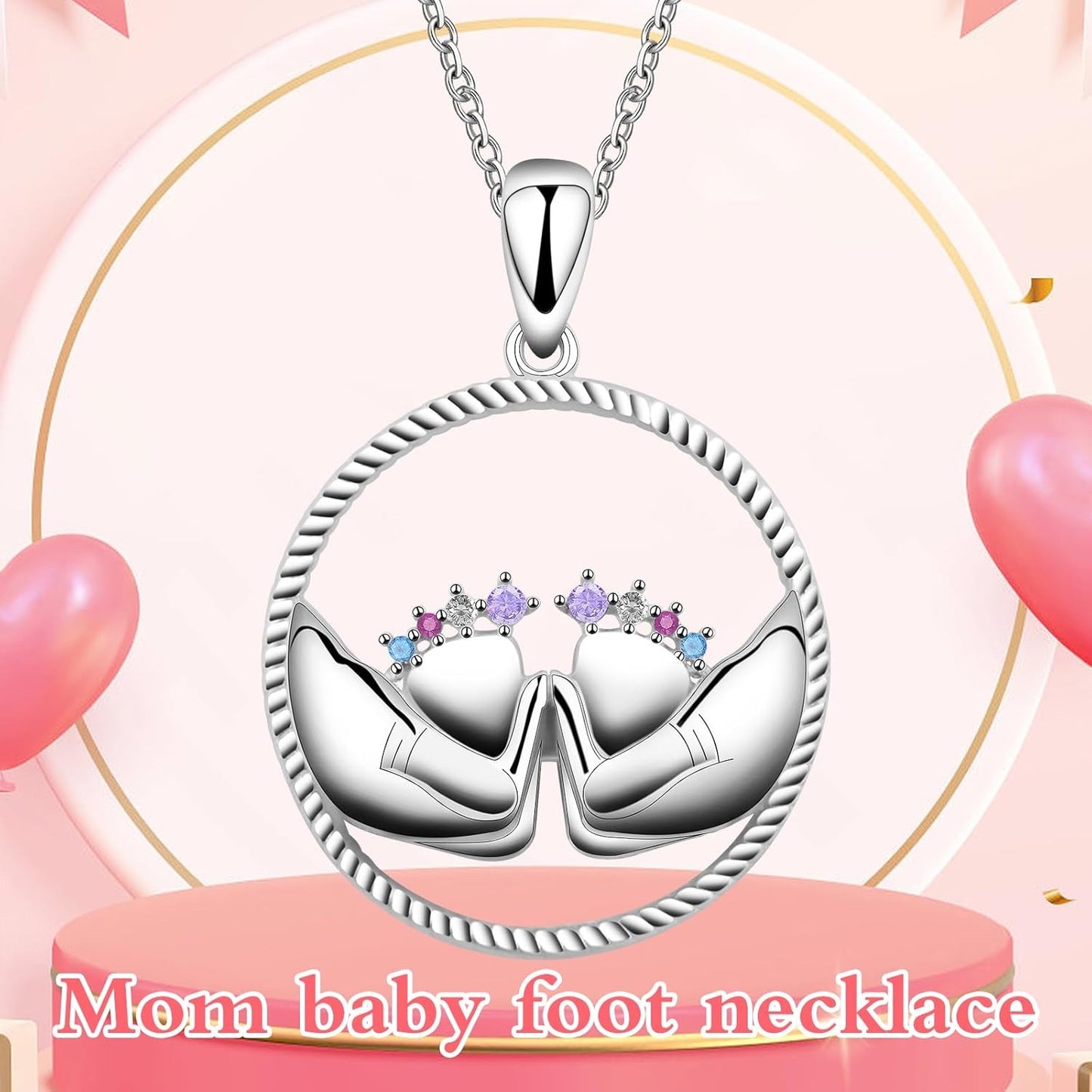 Mother Necklace 925 Sterling Silver Round Feet Mom Hold Feet Pendant Necklace with Colorful Cubic Zirconia Mother's Day Gifts for New Mom Wife