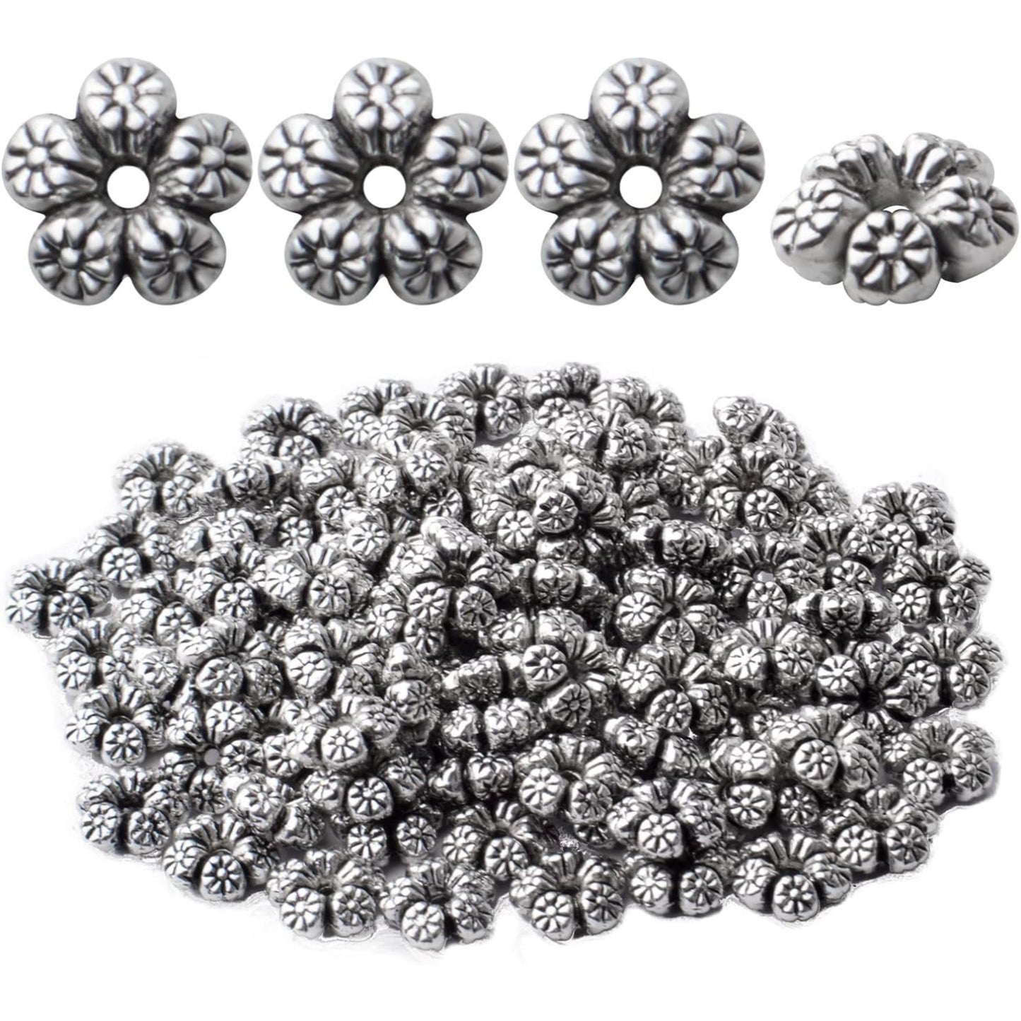 100pcs Antique Silver Flower Spacer Beads Tibetan Alloy Flower Bead Spacer Charm Beads for DIY Bracelet Necklace Jewelry Crafts Making Supplies