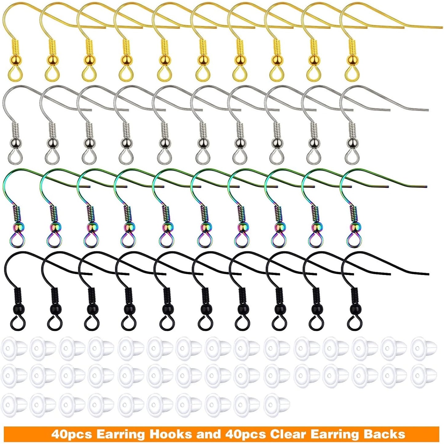 40pcs Stainless Steel Earring Hooks Hypo-allergenic Ear Wires Fish Hooks Earring Findings with 40pcs Clear Bullet Earring Backs Stoppers for DIY Jewelry Making, 4 Colors