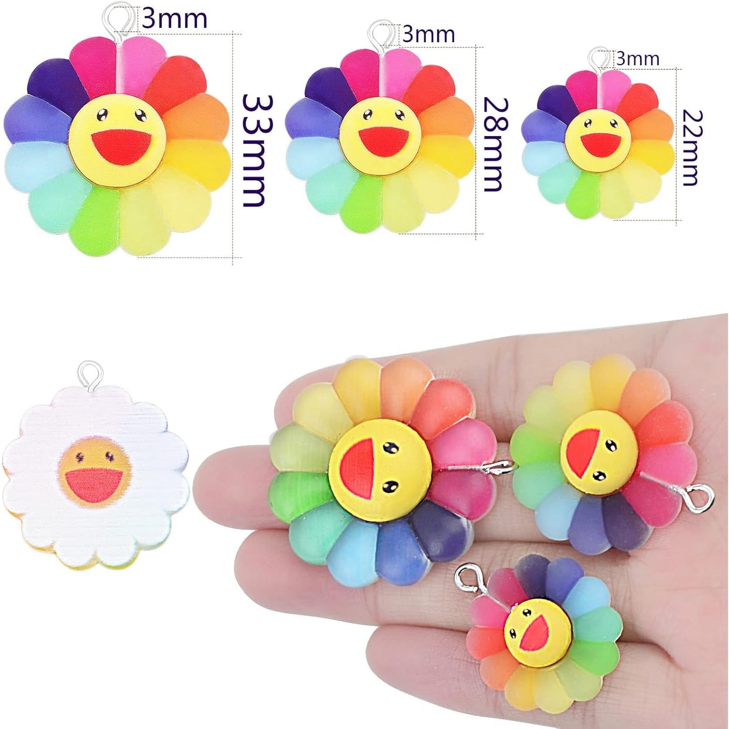 30pcs 3 Sizes Smiley Sunflower Charms Resin Sun Flower Dangle Pendants Smiley Face Charm Jewelry Accessories for DIY Bracelet Necklace Earrings Making