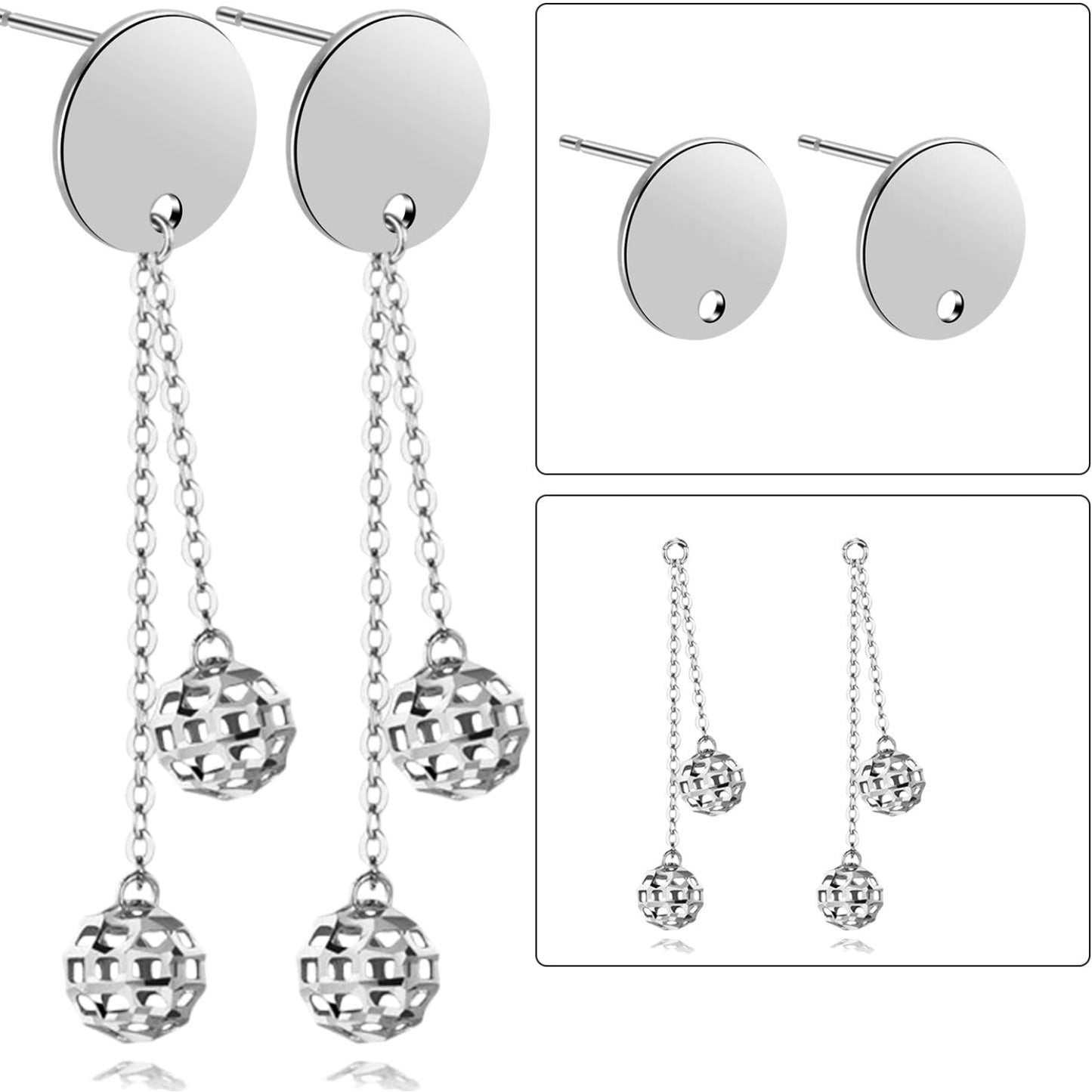 60pcs 8mm/10mm/12mm Stainless Steel Round Earring Studs Blank Earring Posts with Loop and 60pcs Earring Backs for Earring Making,Silver